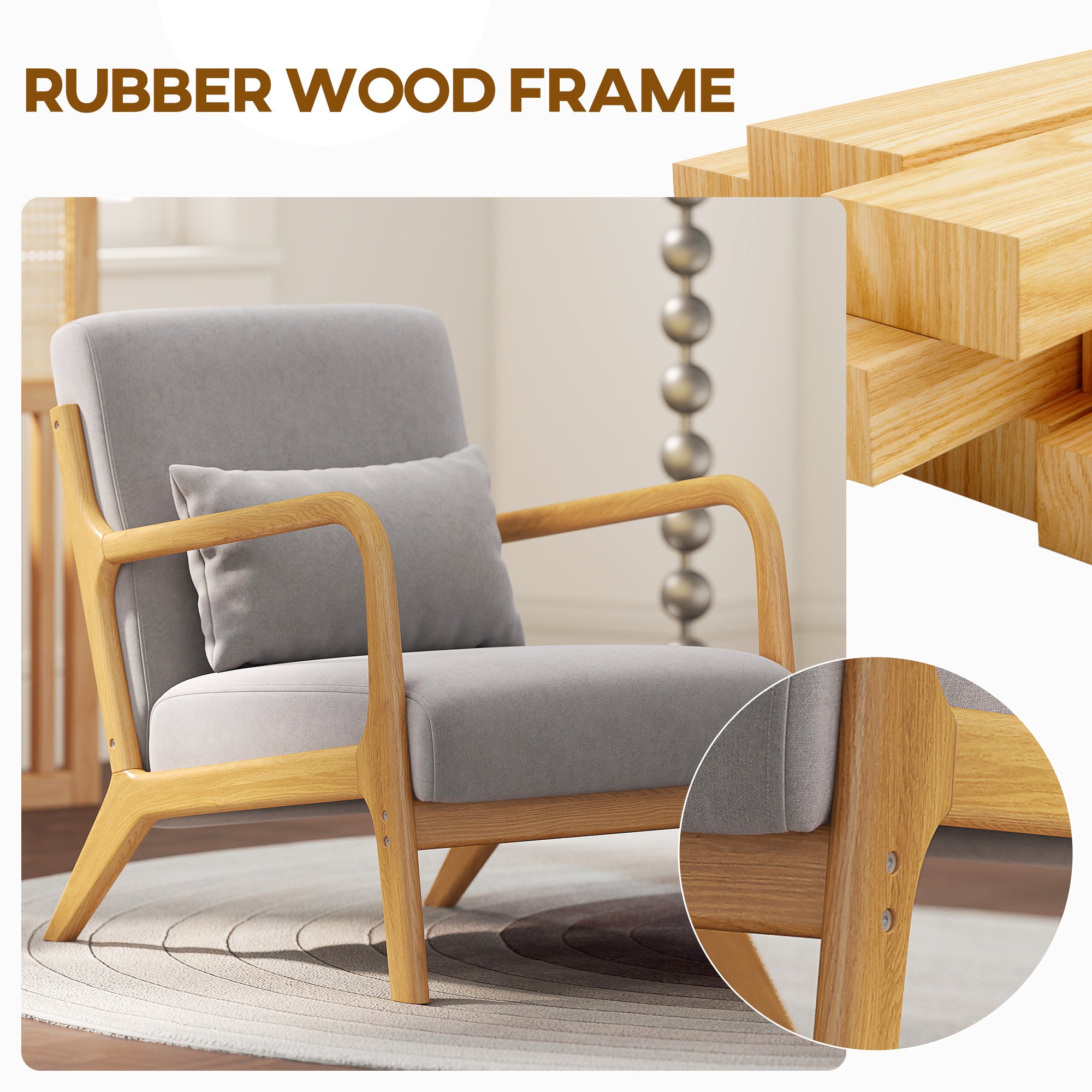 Fabric Accent Chair, Velvet Armchair, Retro Living Room Chair with Wood Legs and Thick Padding for Bedroom, Grey