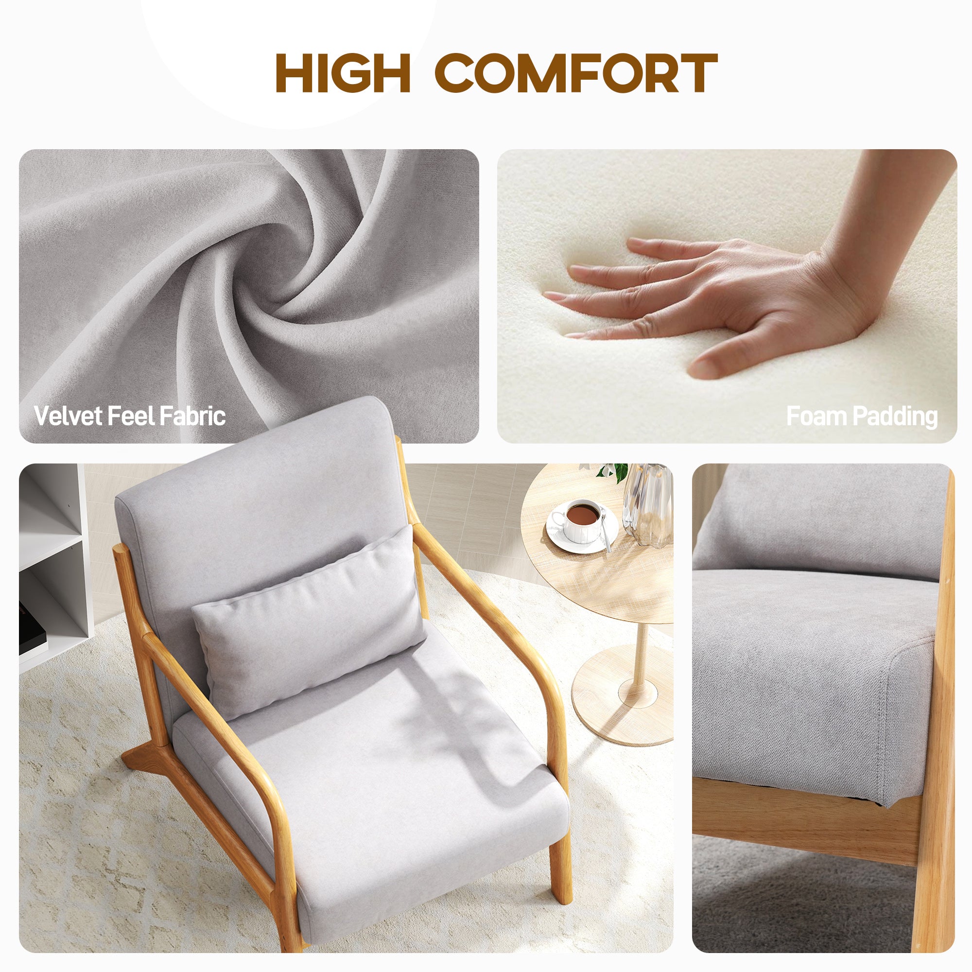 Fabric Accent Chair, Velvet Armchair, Retro Living Room Chair with Wood Legs and Thick Padding for Bedroom, Grey