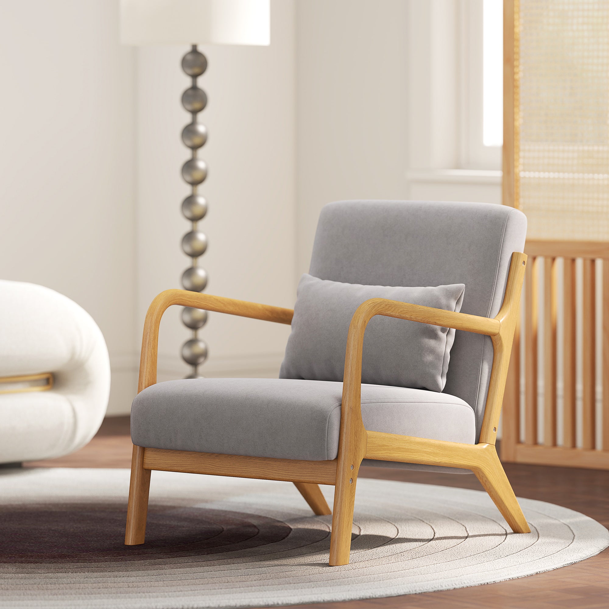 Fabric Accent Chair, Velvet Armchair, Retro Living Room Chair with Wood Legs and Thick Padding for Bedroom, Grey