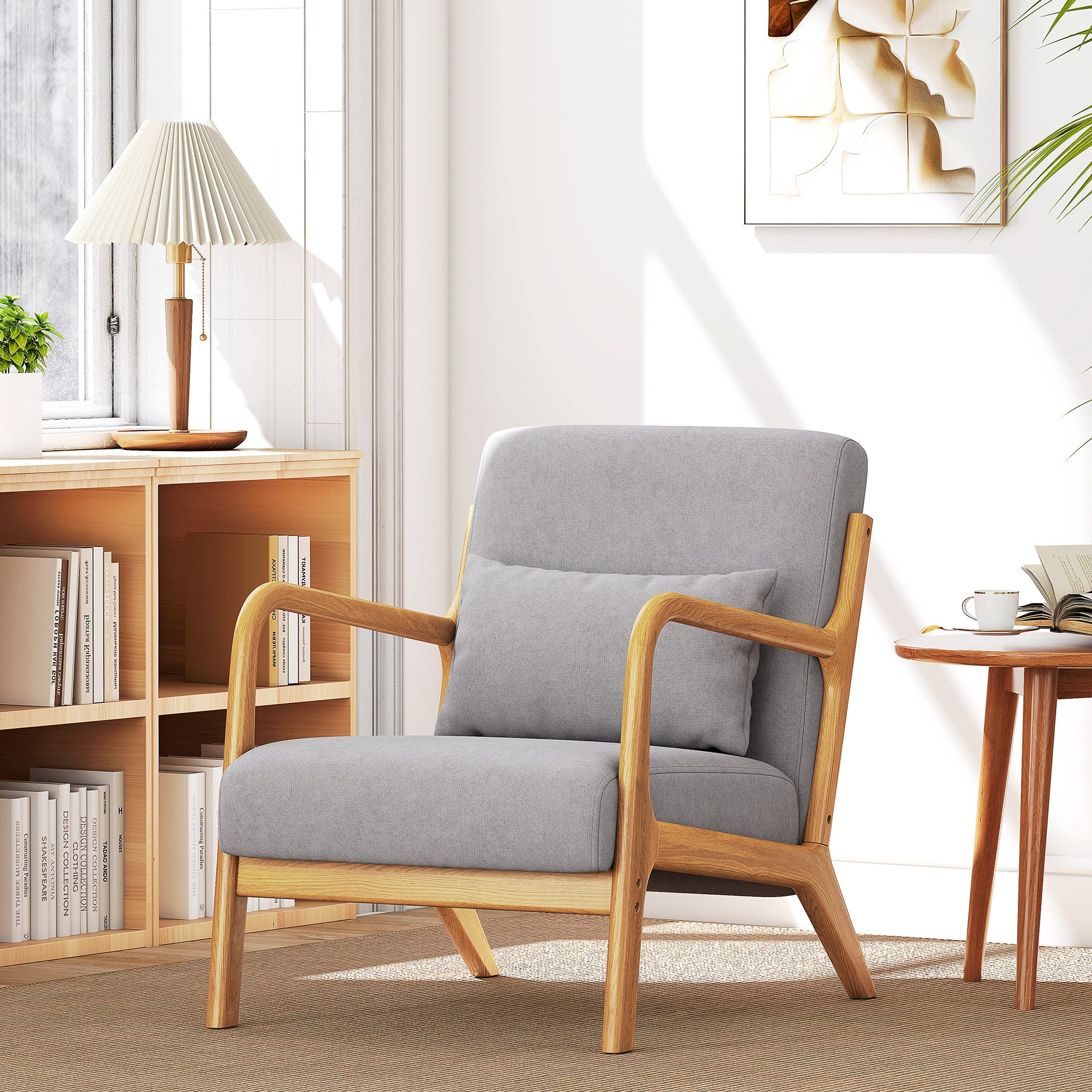 Fabric Accent Chair, Velvet Armchair, Retro Living Room Chair with Wood Legs and Thick Padding for Bedroom, Grey