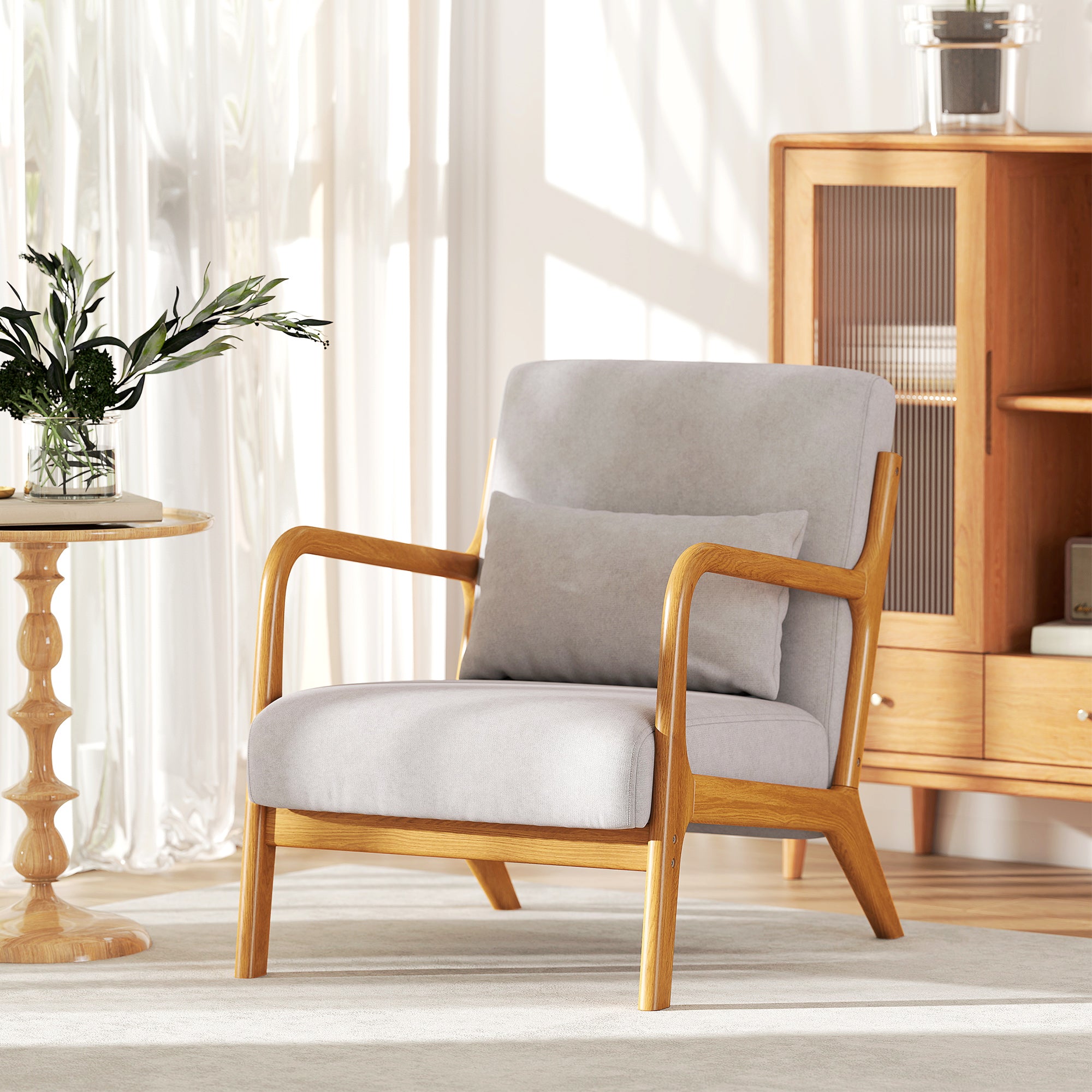 Fabric Accent Chair, Velvet Armchair, Retro Living Room Chair with Wood Legs and Thick Padding for Bedroom, Grey