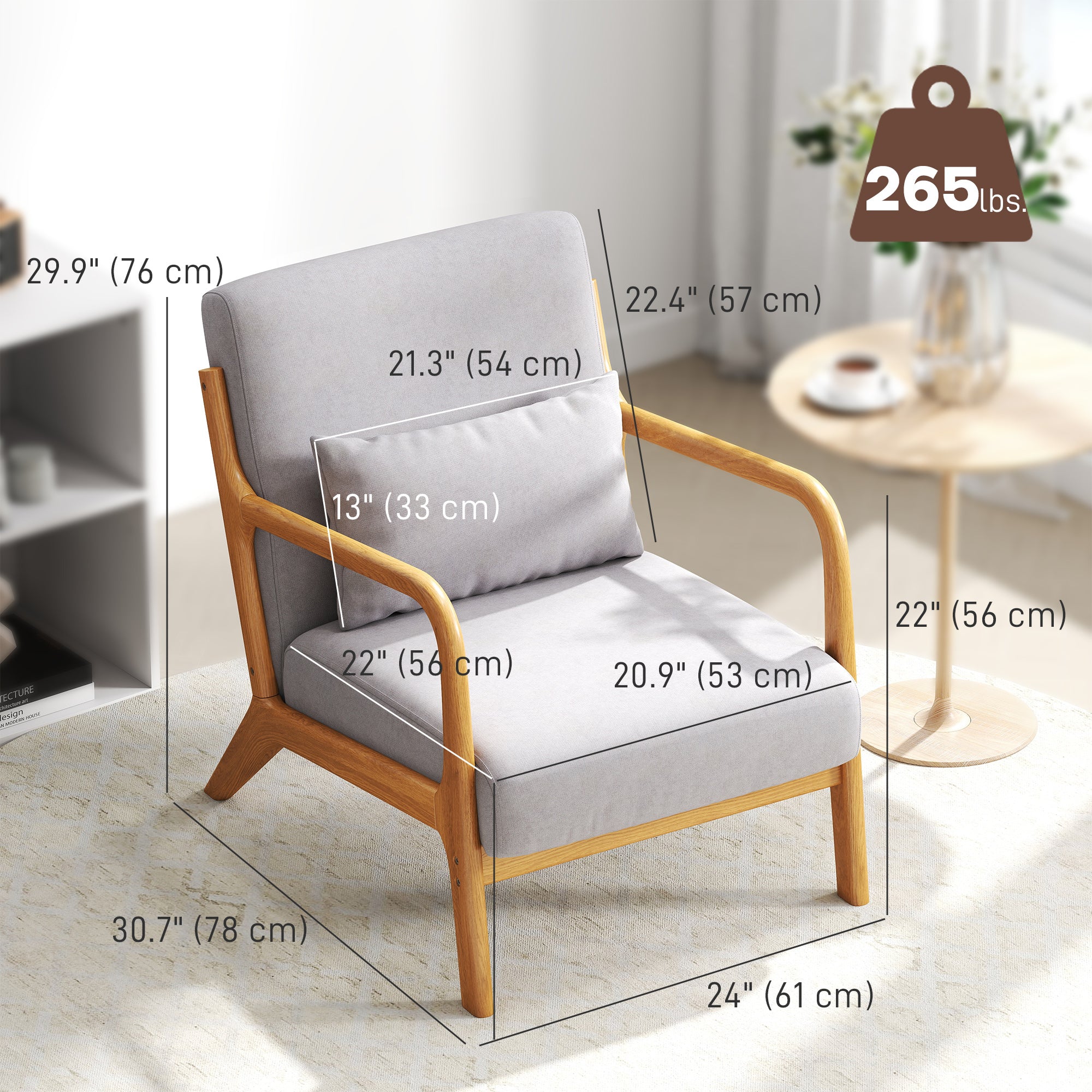 Fabric Accent Chair, Velvet Armchair, Retro Living Room Chair with Wood Legs and Thick Padding for Bedroom, Grey