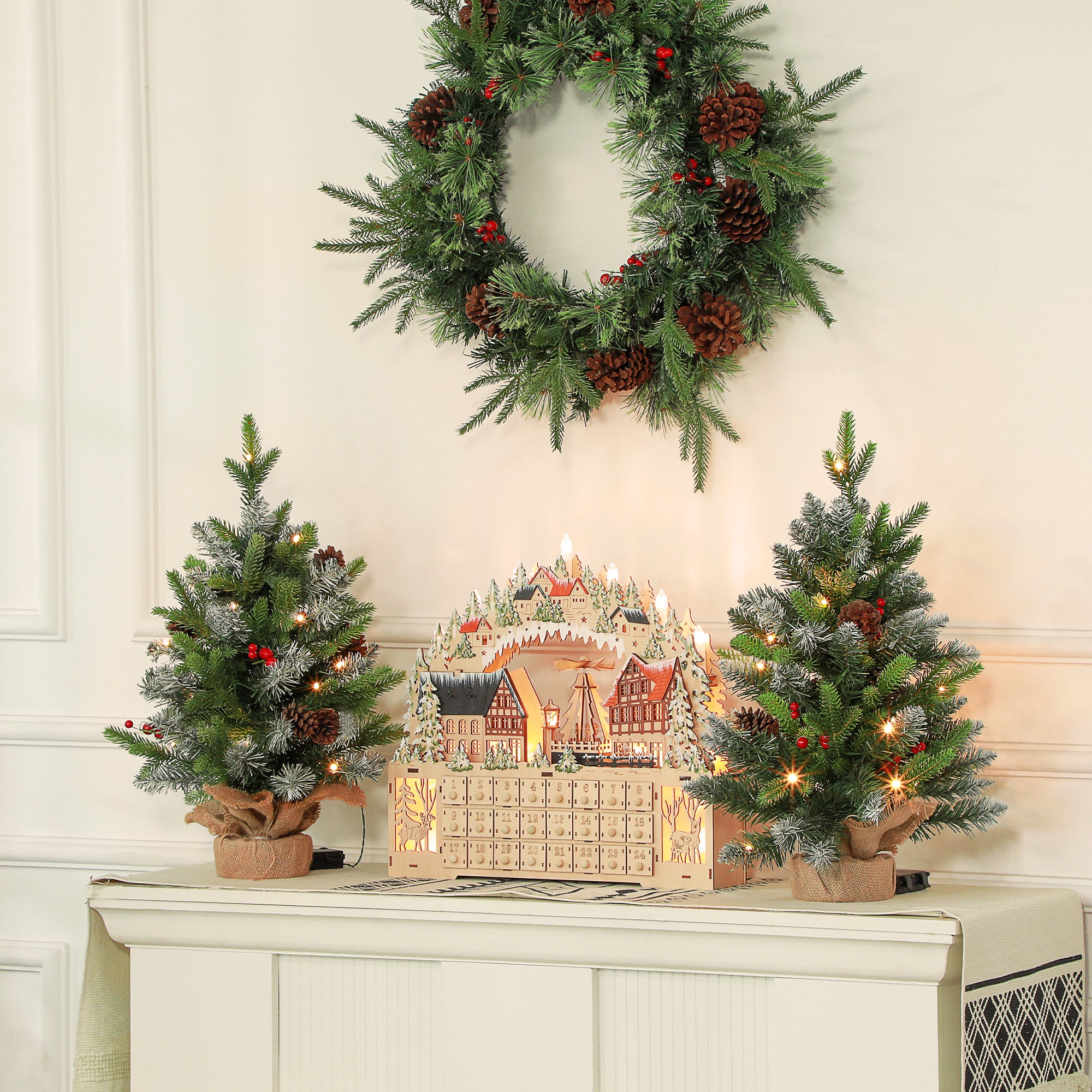 HOMCOM 2 Pieces 2ft Prelit Artificial Christmas Tree with LED Light and 141 Tips, Concrete Base, Tabletop Xmas Tree with Pine Cones and Red Berries, Green