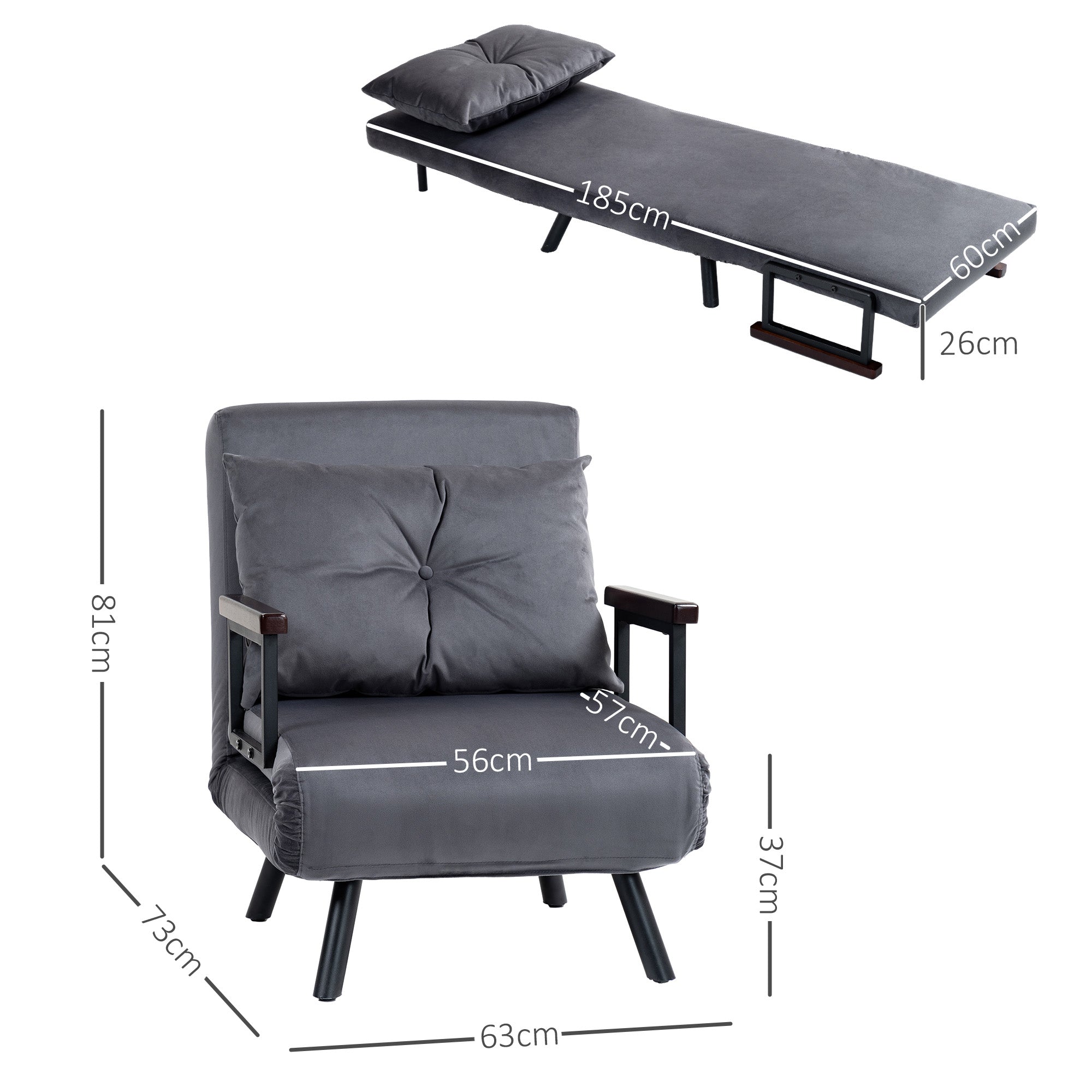 HOMCOM Single Chair Bed, Click Clack Convertible Bed Settee, Modern Velvet Feel Fabric Chair Couch with 1 Tufted Cushion, Wood Armrests, for Living Room, Bedroom, Guest Room, Charcoal Grey