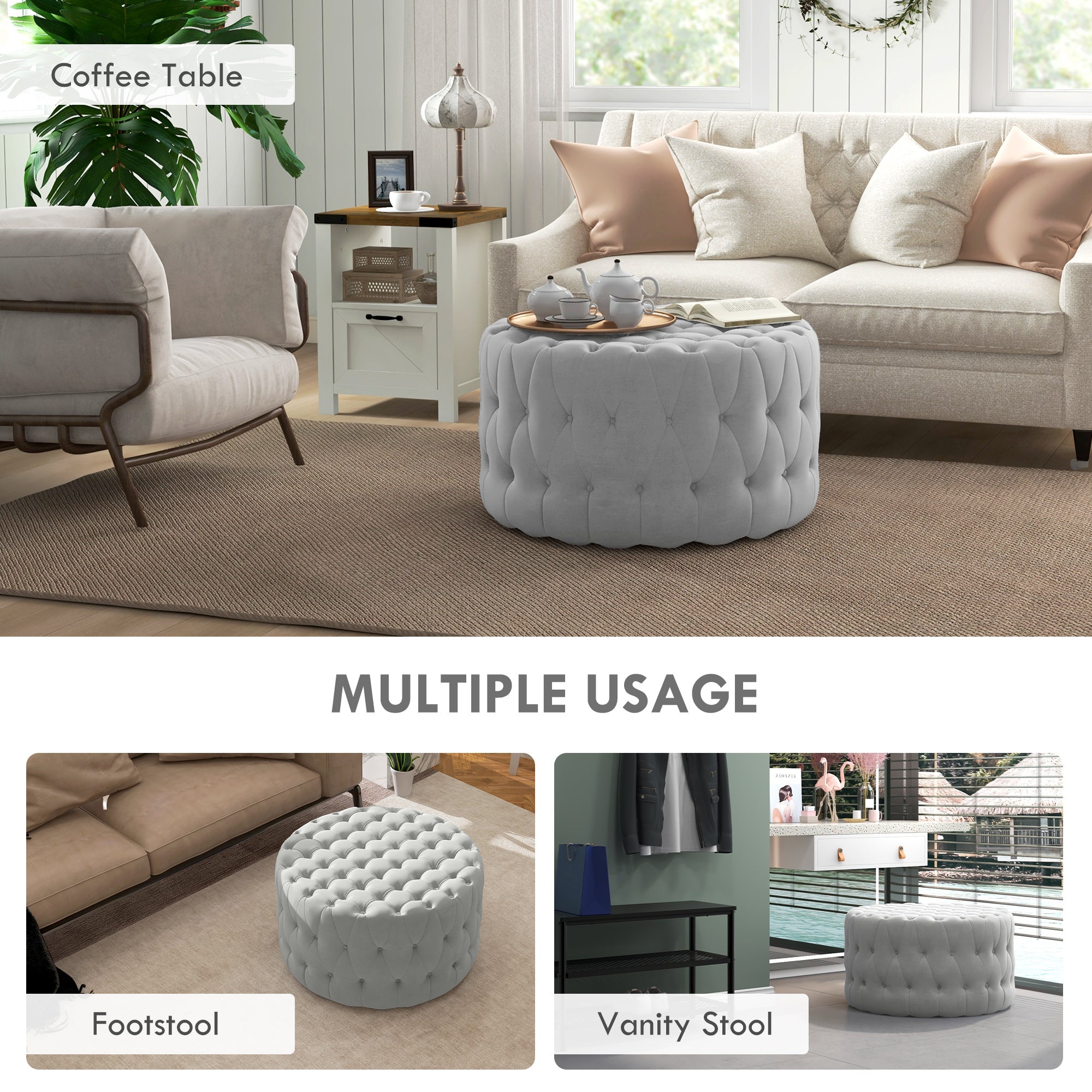 Round Ottoman Coffee Table with Velvet-feel Upholstery, Button Tufted Design and Padded Seat, Gray