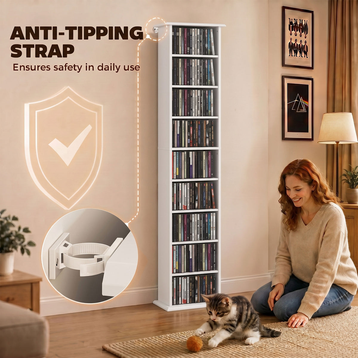Slim Media Storage Cabinet, 9-Tier DVD Shelf with 7 Adjustable Shelves, 9 Compartments, Holds 252 CDs, 147 DVDs or 189 Blu-rays, White