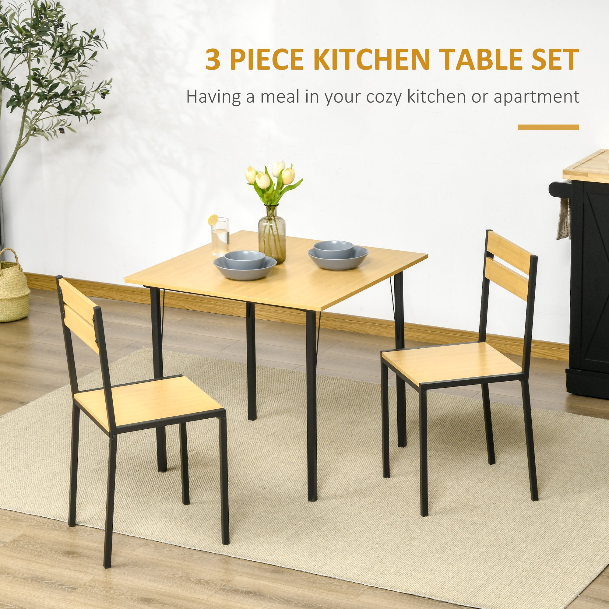 Industrial 3 Piece Dining Table Set Square Kitchen Table Bamboo Wood Grain