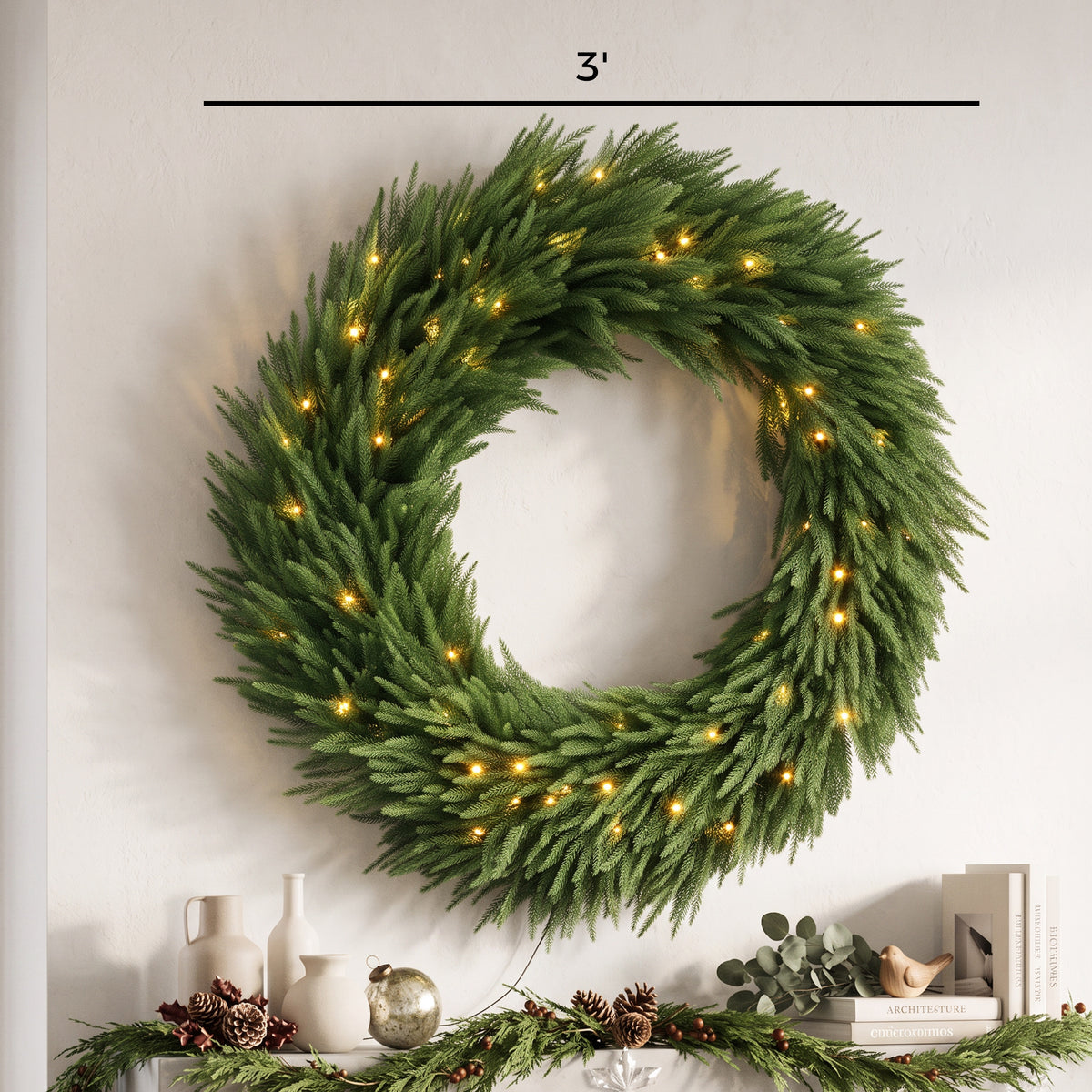 36 in Pre-Lit Norfolk Pine Artificial Christmas Wreath, Christmas Decoration with 100 LED Lights, 560 Branch Tips, All-PE Leaves for Door, Indoor Covered Outdoor, Green