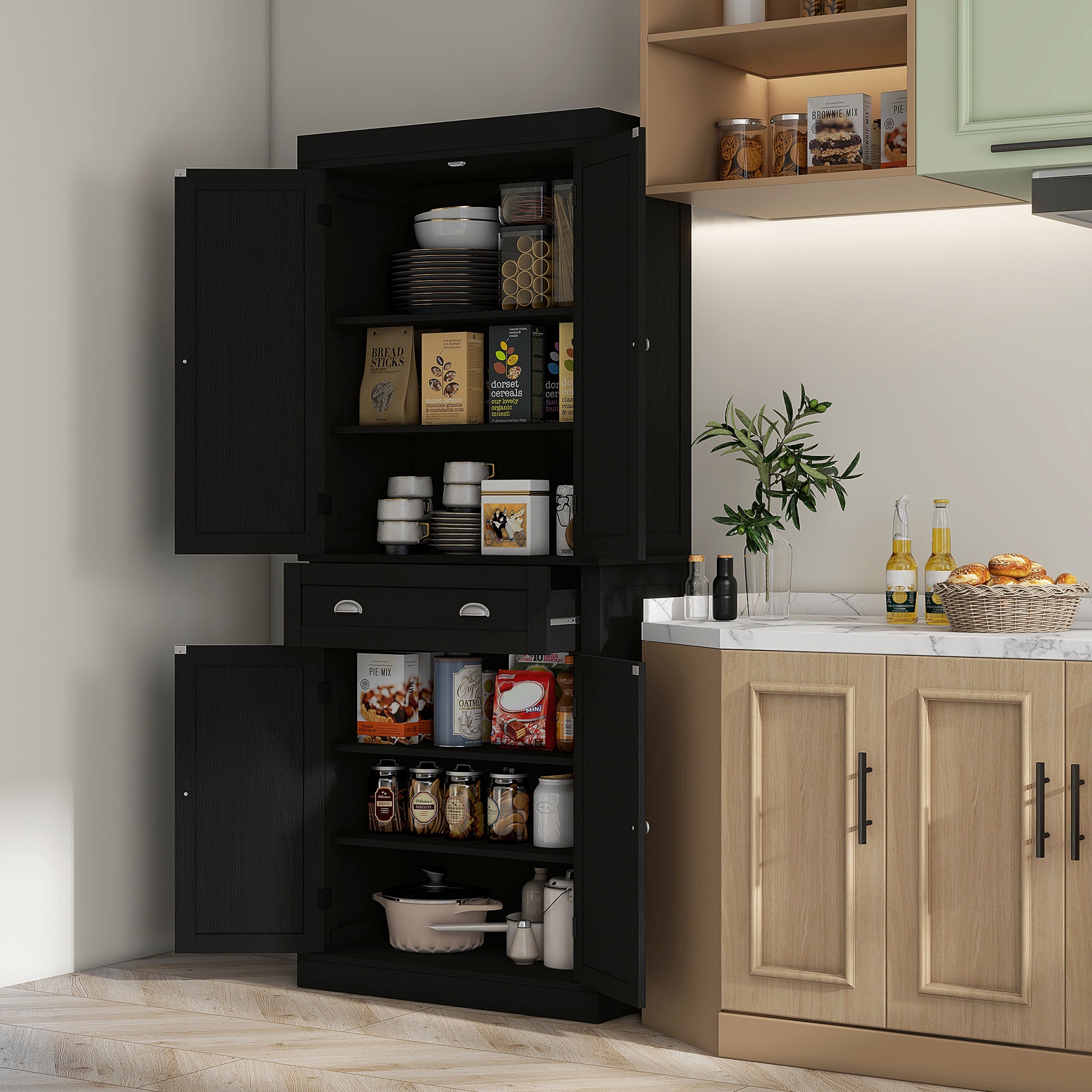 72.5" Kitchen Cabinet, Pantry Storage Cabinet with Doors and Shelves, Freestanding Food Pantry Cabinet, Black Wood Grain