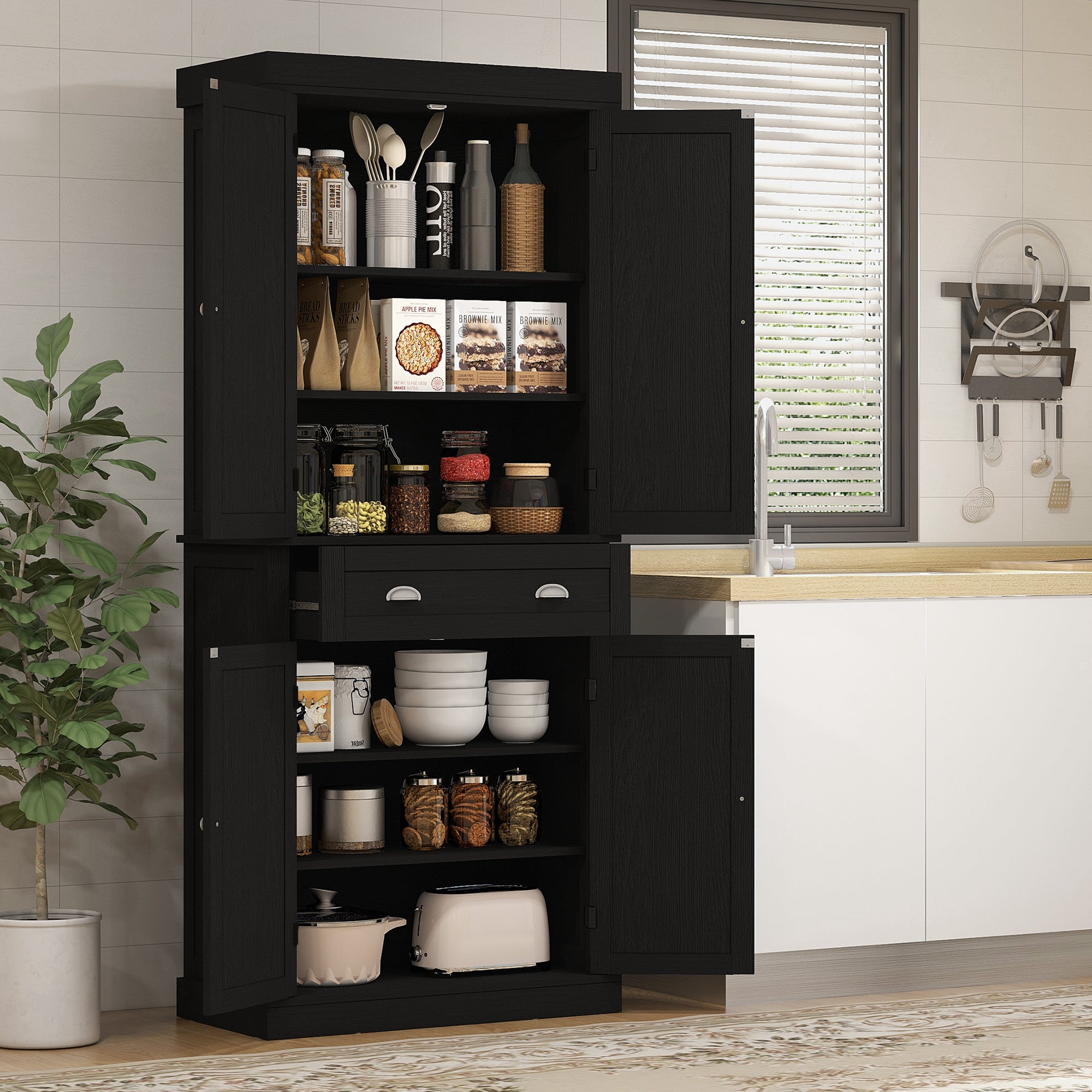 72.5" Kitchen Cabinet, Pantry Storage Cabinet with Doors and Shelves, Freestanding Food Pantry Cabinet, Black Wood Grain