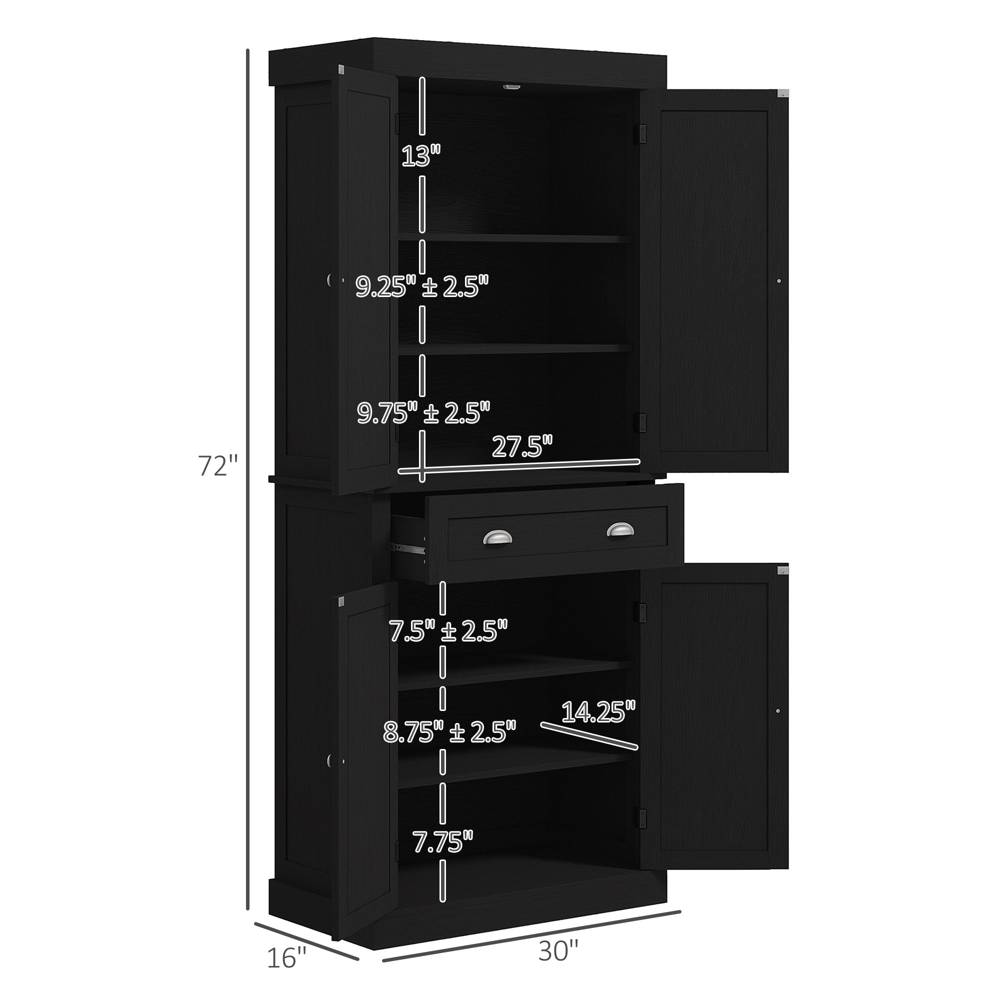 72.5" Kitchen Cabinet, Pantry Storage Cabinet with Doors and Shelves, Freestanding Food Pantry Cabinet, Black Wood Grain