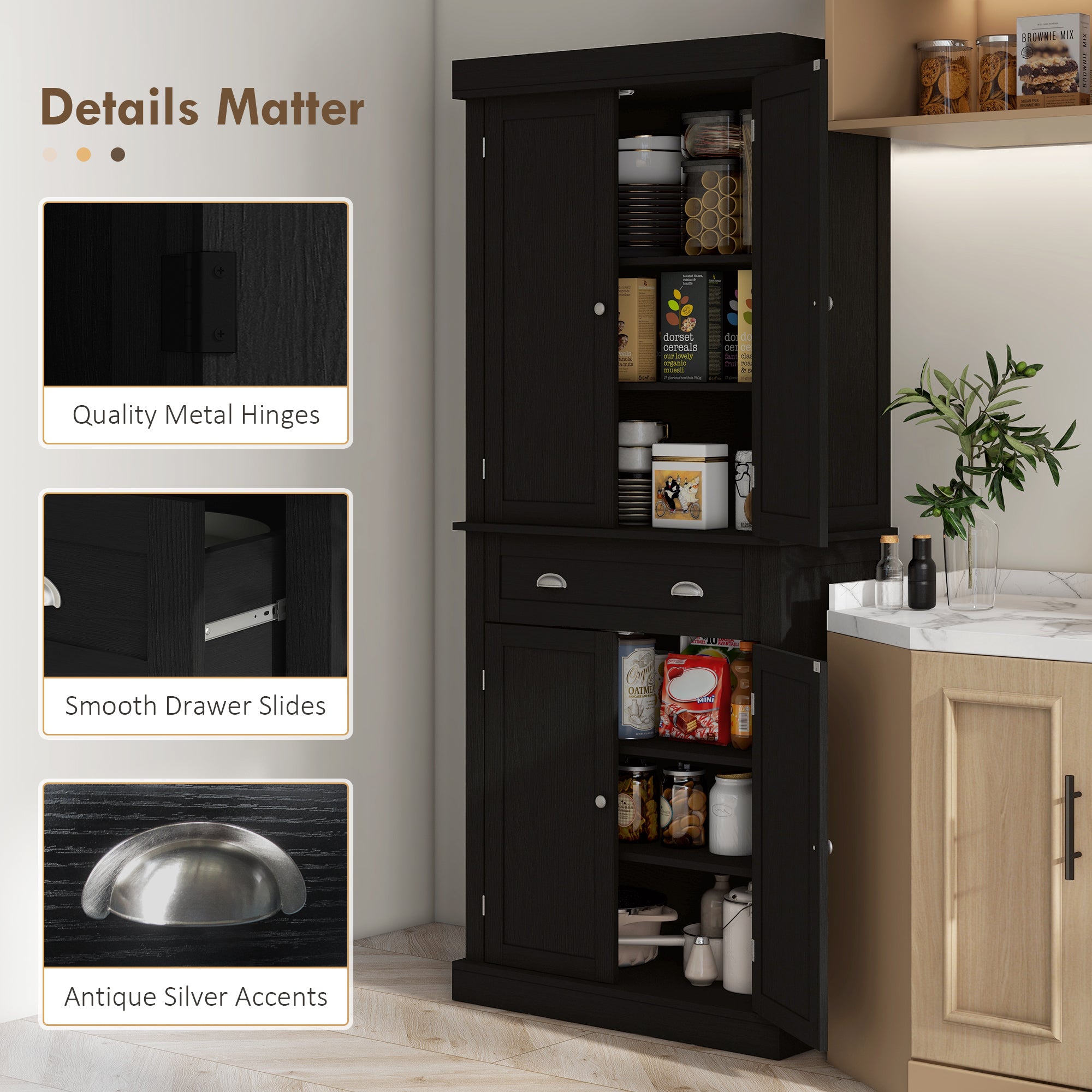 72.5" Kitchen Cabinet, Pantry Storage Cabinet with Doors and Shelves, Freestanding Food Pantry Cabinet, Black Wood Grain