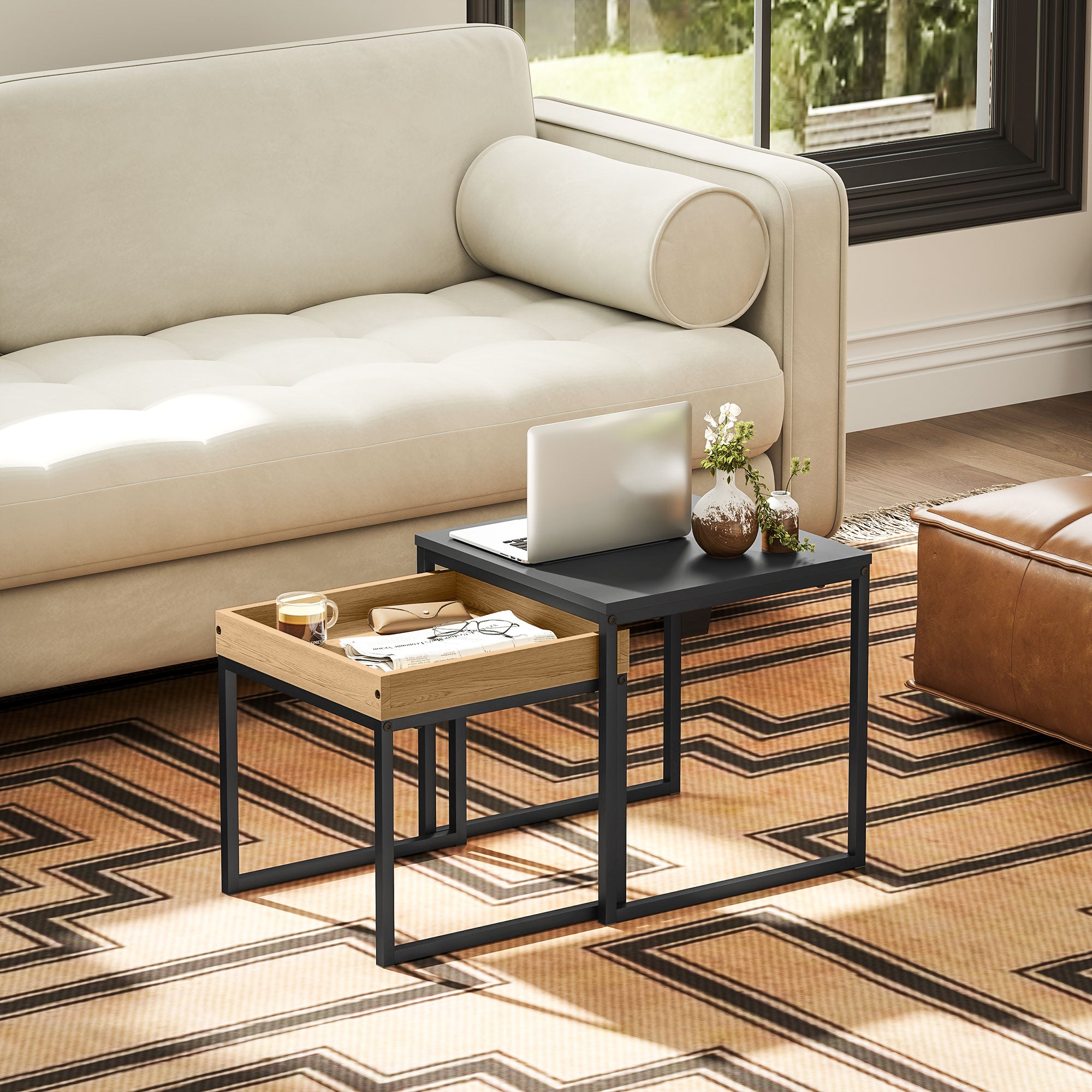 HOMCOM Nesting Coffee Table Set of 2, Modern Nest of Tables, Square Sofa Side Tables with Steel Frame for Living Room, Bedroom, Small Space, Black