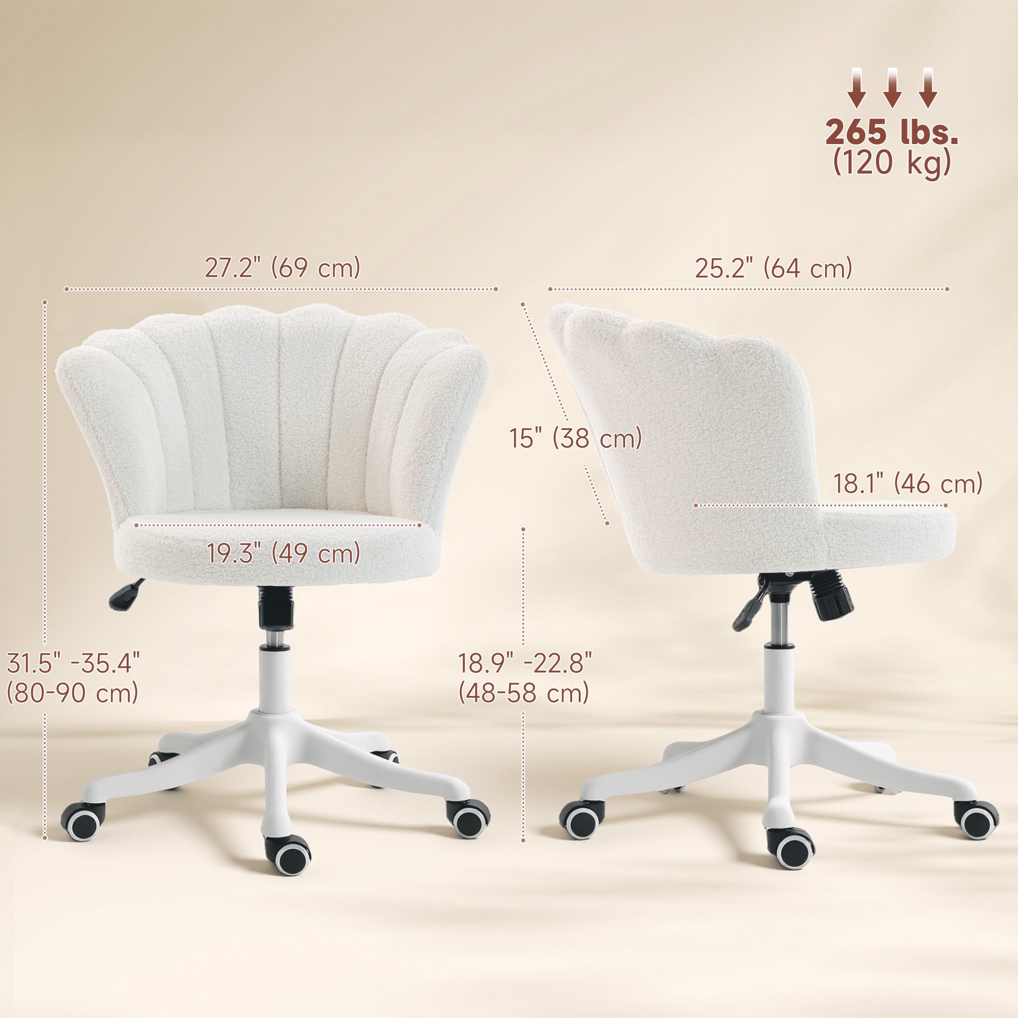 Teddy Fleece Office Chair, Armless Swivel Desk Chair with Adjustable Height, Backrest, Wheels, Padded Seat, Tilt Function for Office, Vanity, Computer, Study, Cream White