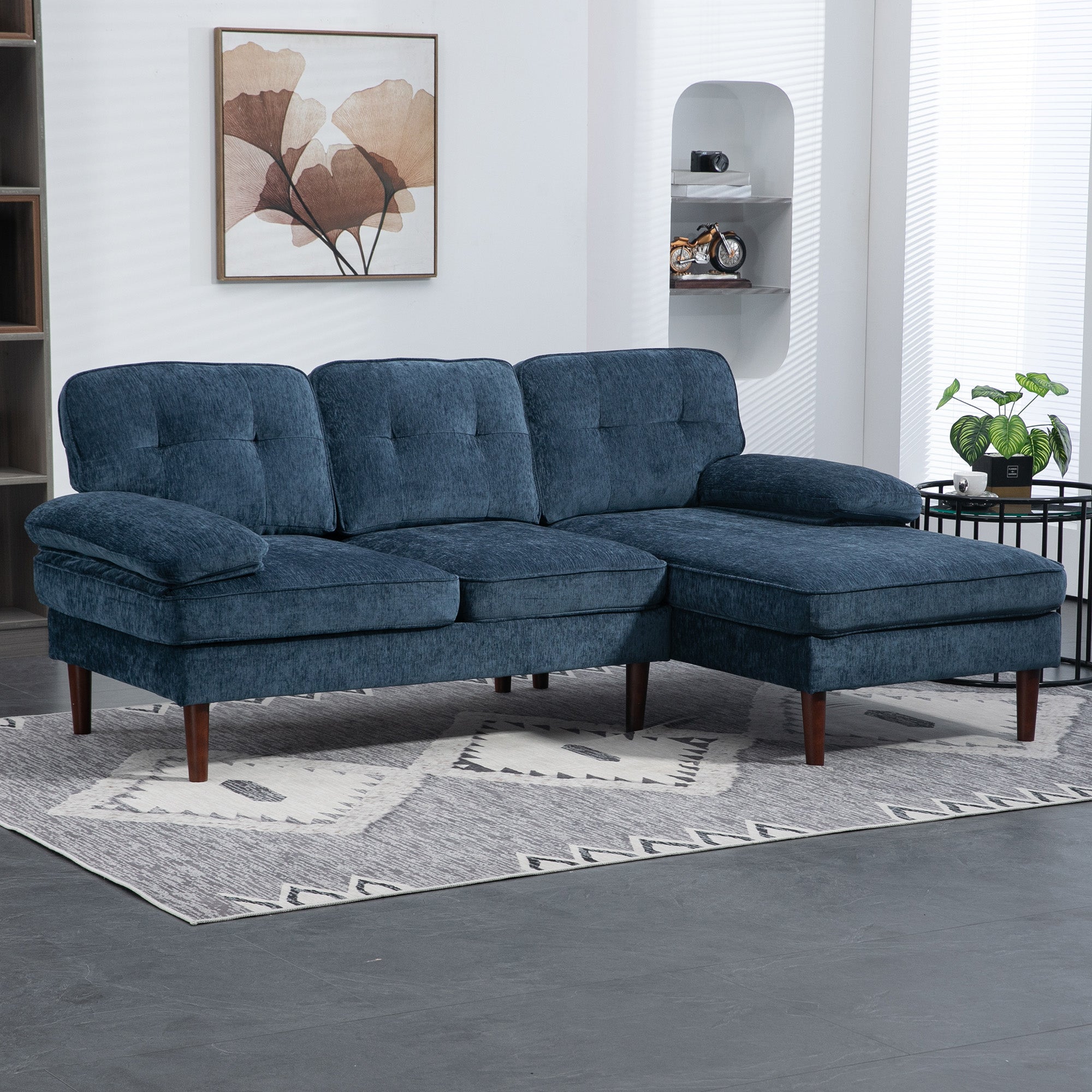 HOMCOM L-Shaped Sofa, 3-Seater Couch with Wooden Legs and Arms, Tufted Corner Sofa with Right Chaise Lounge for Living Room, Bedroom, Navy Blue