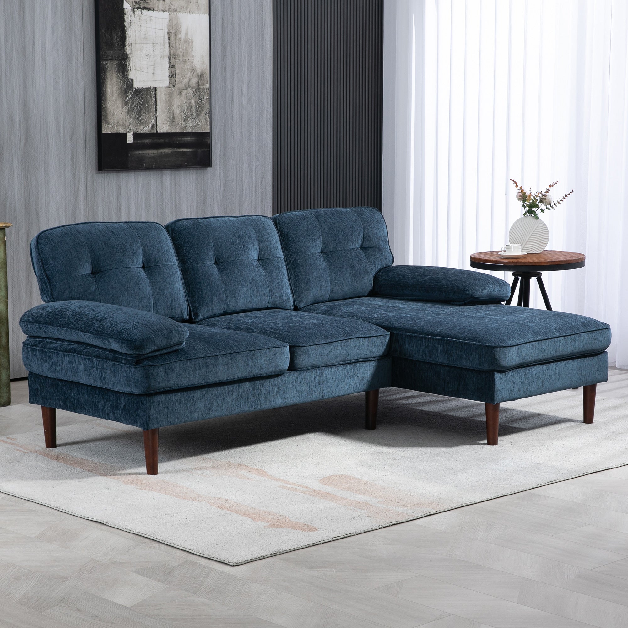 HOMCOM L-Shaped Sofa, 3-Seater Couch with Wooden Legs and Arms, Tufted Corner Sofa with Right Chaise Lounge for Living Room, Bedroom, Navy Blue