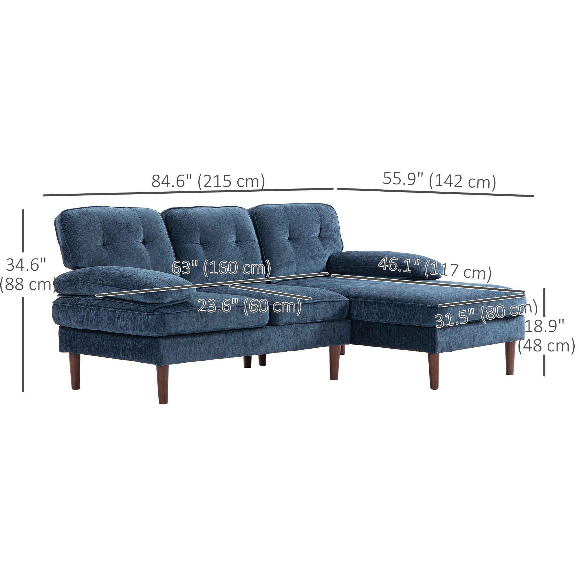 HOMCOM L-Shaped Sofa, 3-Seater Couch with Wooden Legs and Arms, Tufted Corner Sofa with Right Chaise Lounge for Living Room, Bedroom, Navy Blue