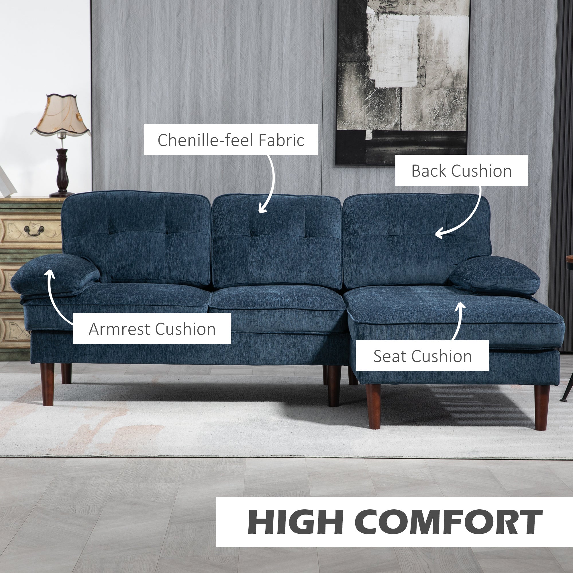 HOMCOM L-Shaped Sofa, 3-Seater Couch with Wooden Legs and Arms, Tufted Corner Sofa with Right Chaise Lounge for Living Room, Bedroom, Navy Blue