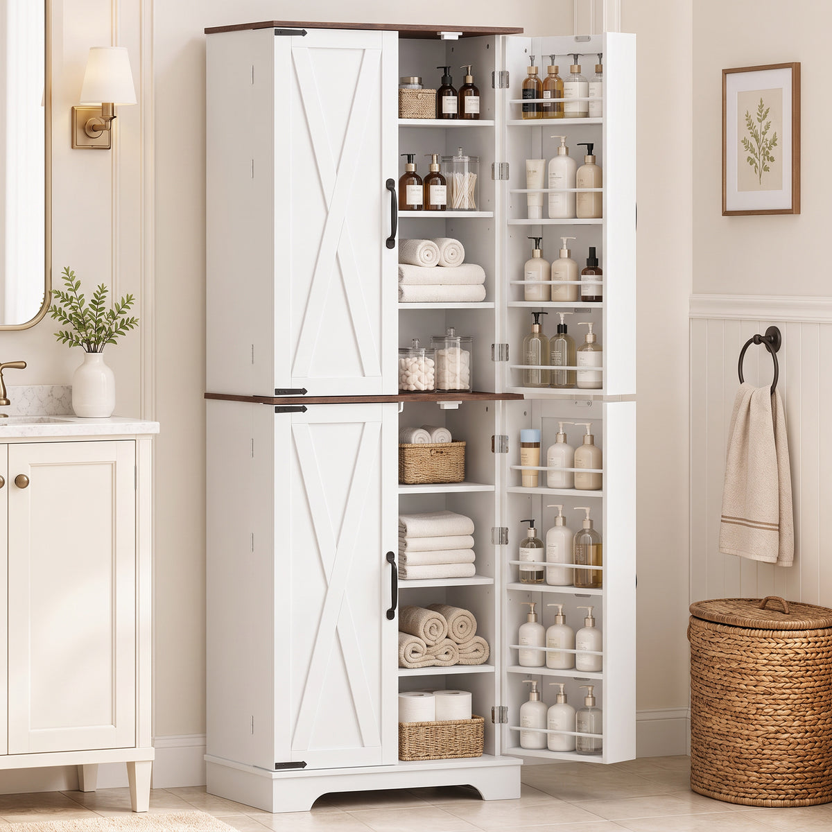 166cm Tall Kitchen Pantry Cabinet, Adjustable Shelves, Farmhouse Storage Cabinet with 8 Shelves and 16 Door Racks, Freestanding Food Pantry, Barn Doors, White and Brown