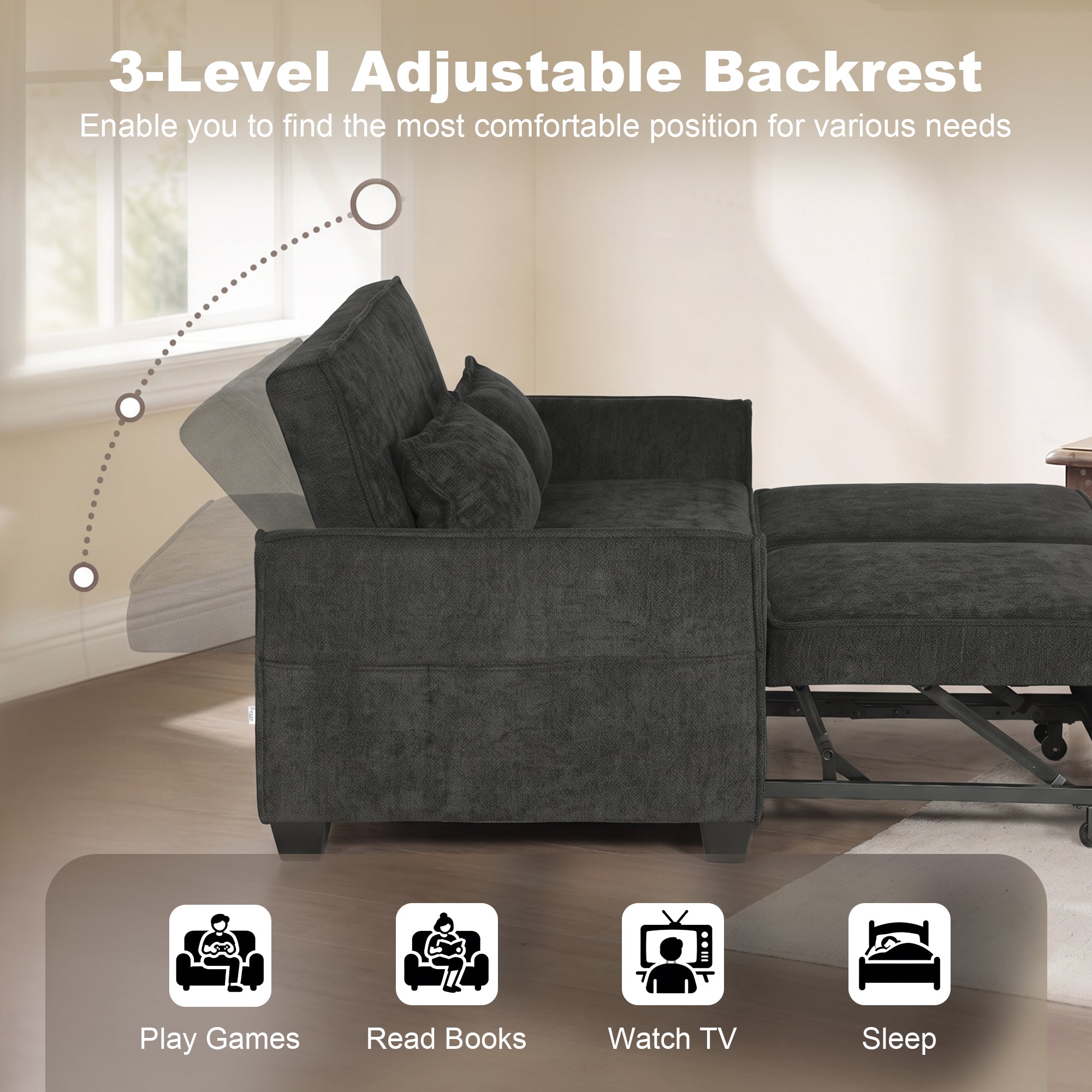 2 Seater Sofa Bed, 4-in-1 L Shaped Convertible Pull Out Sleeper Sofa with Adjustable Backrest, Chenille Loveseat with 2 Pillows, Wide Deep Seat, Side Pockets for Living Room, Black