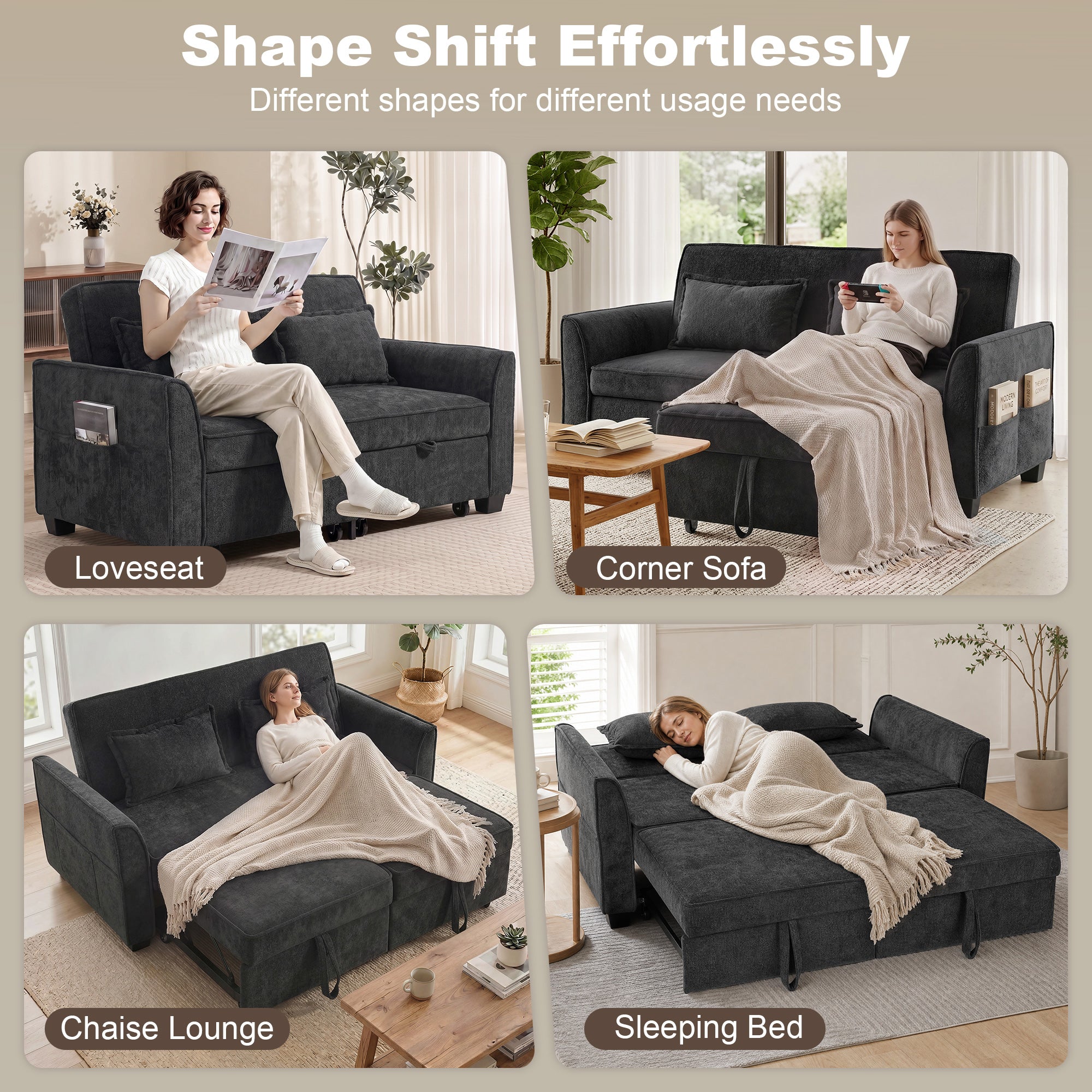 2 Seater Sofa Bed, 4-in-1 L Shaped Convertible Pull Out Sleeper Sofa with Adjustable Backrest, Chenille Loveseat with 2 Pillows, Wide Deep Seat, Side Pockets for Living Room, Black