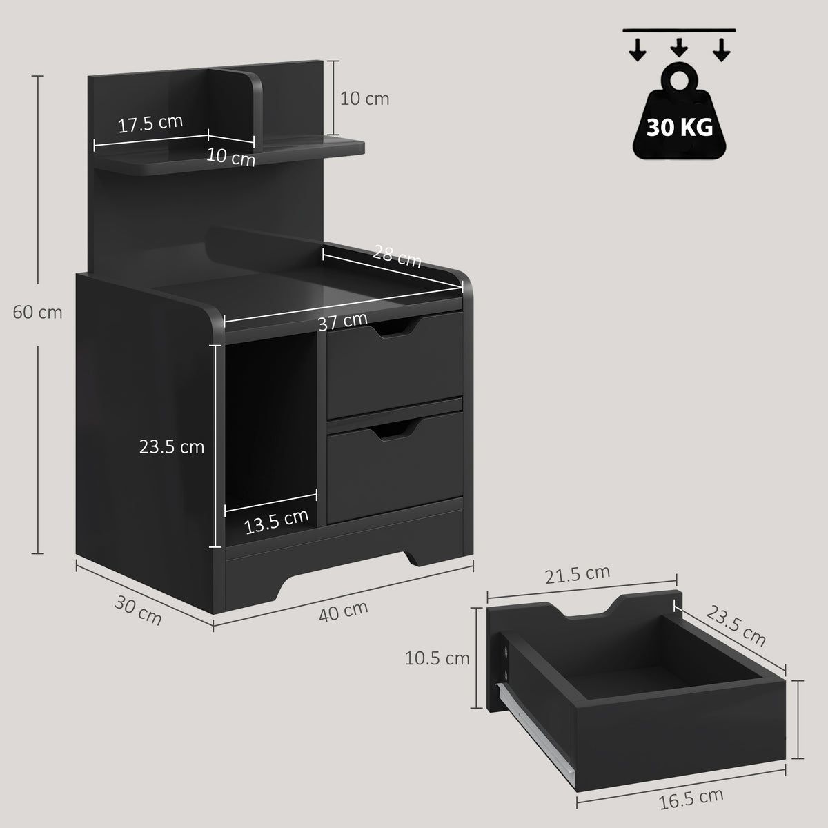 Bedside Table, Small Bedside Cabinet with 2 Drawers and Storage Shelves, Modern Nightstand for Bedroom, Black Wood Effect