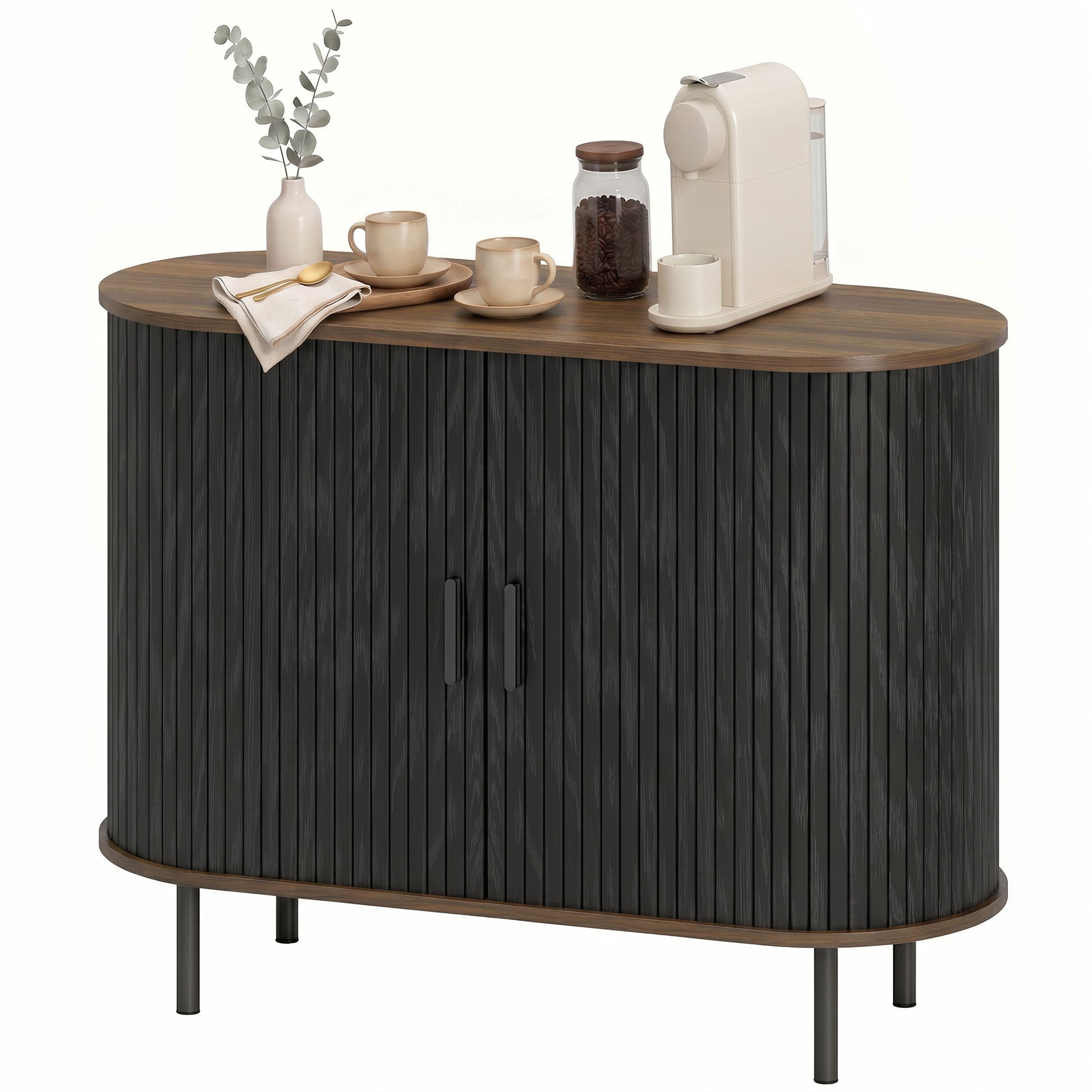 Sideboard Buffet Cabinet with Curved Tambour Doors, 39.4" Farmhouse Coffee Bar Cabinet with Shelves and Side Slots, Brown Wood Grain and Black