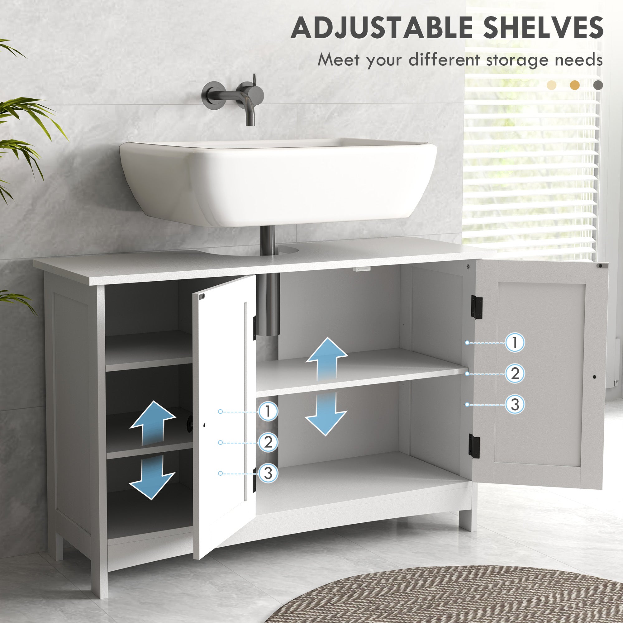 Bathroom Vanity Cabinet, Modern Farmhouse Under Sink Storage Cabinet with Double Doors, Open and Adjustable Shelves for Wall-Mounted Sink, 35.4" W x 11.8" D x 23.6" H, White