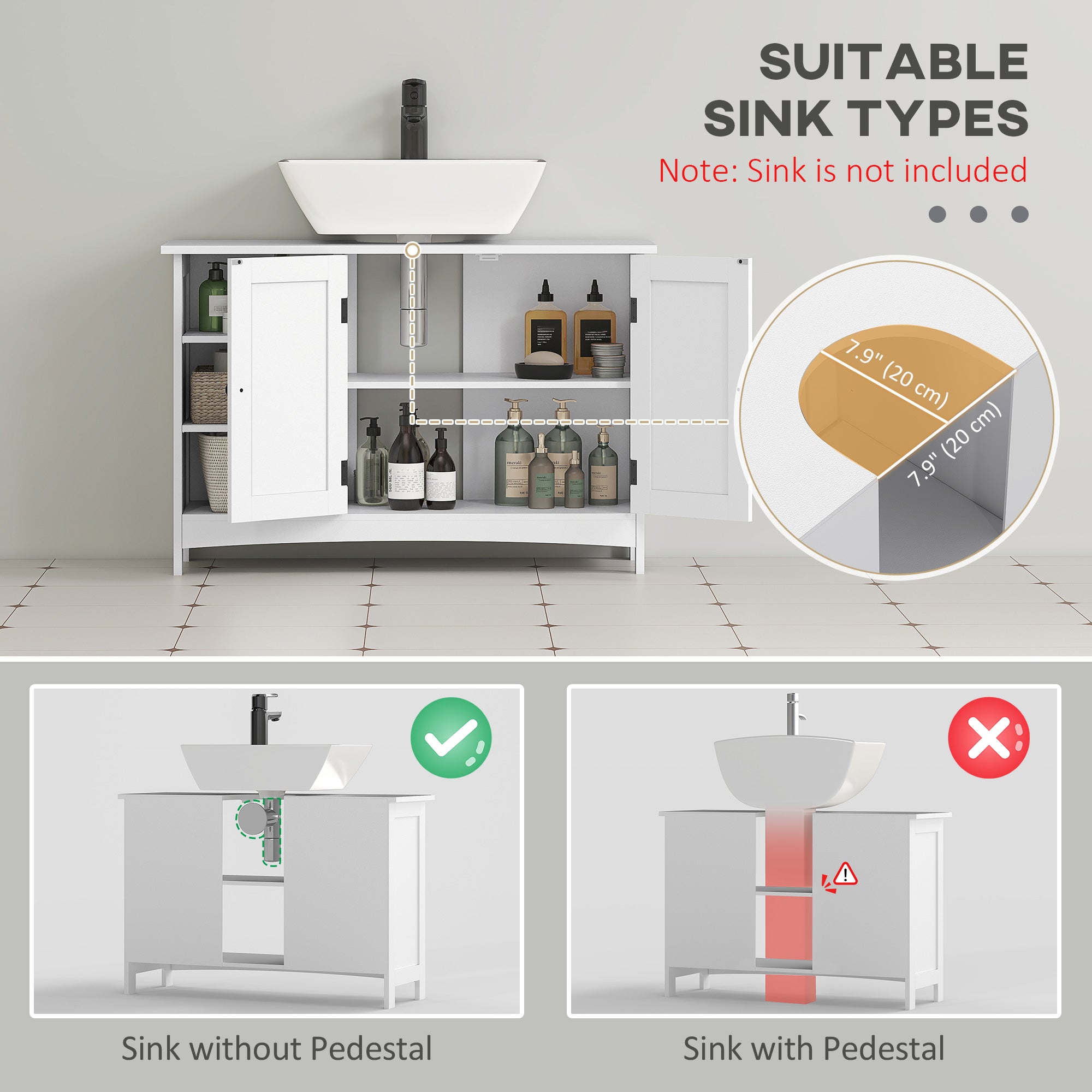 Bathroom Vanity Cabinet, Modern Farmhouse Under Sink Storage Cabinet with Double Doors, Open and Adjustable Shelves for Wall-Mounted Sink, 35.4" W x 11.8" D x 23.6" H, White