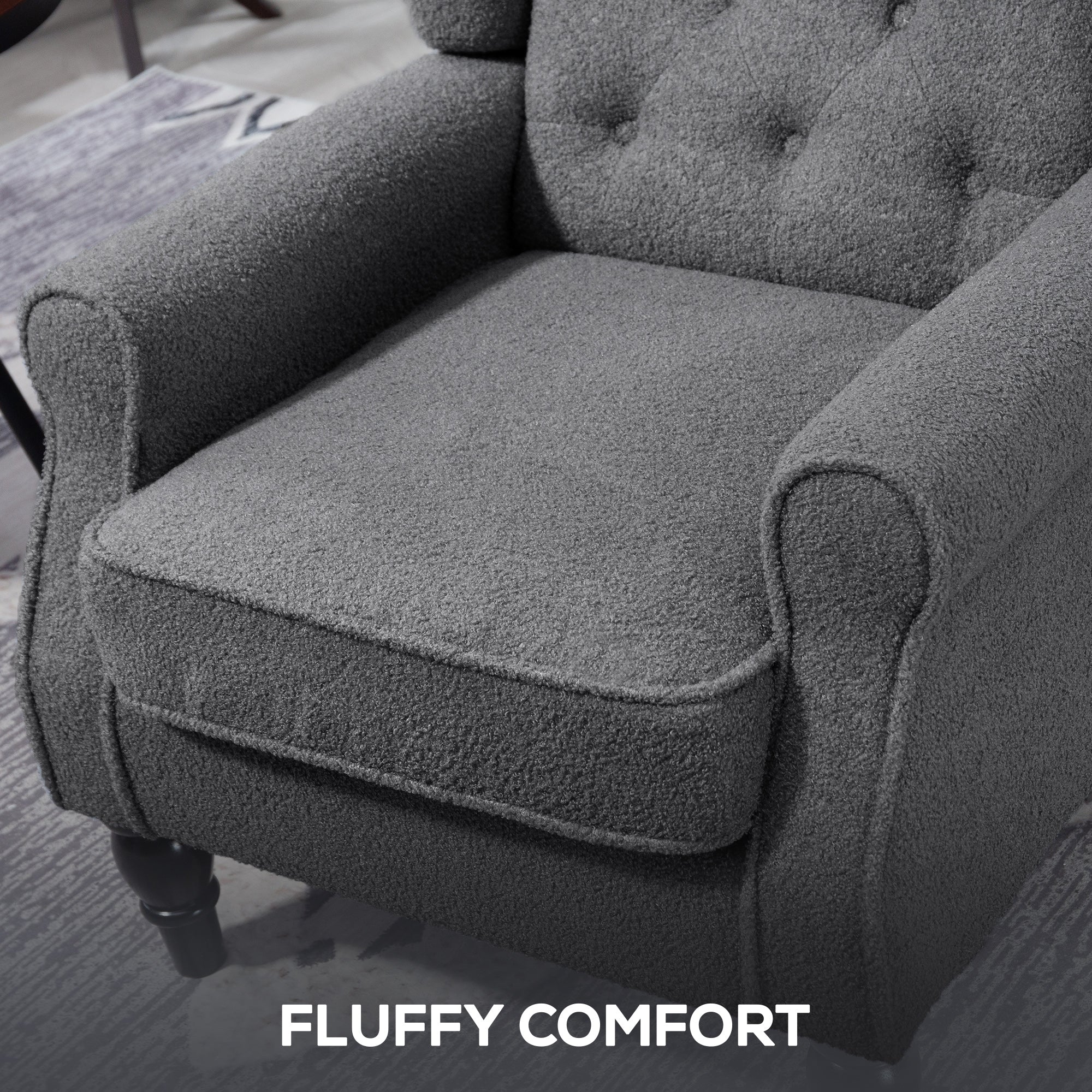 Retro Accent Chair, Teddy Fleece Wingback Armchair with Wood Frame Button Tufted Design for Living Room Bedroom, Charcoal Grey