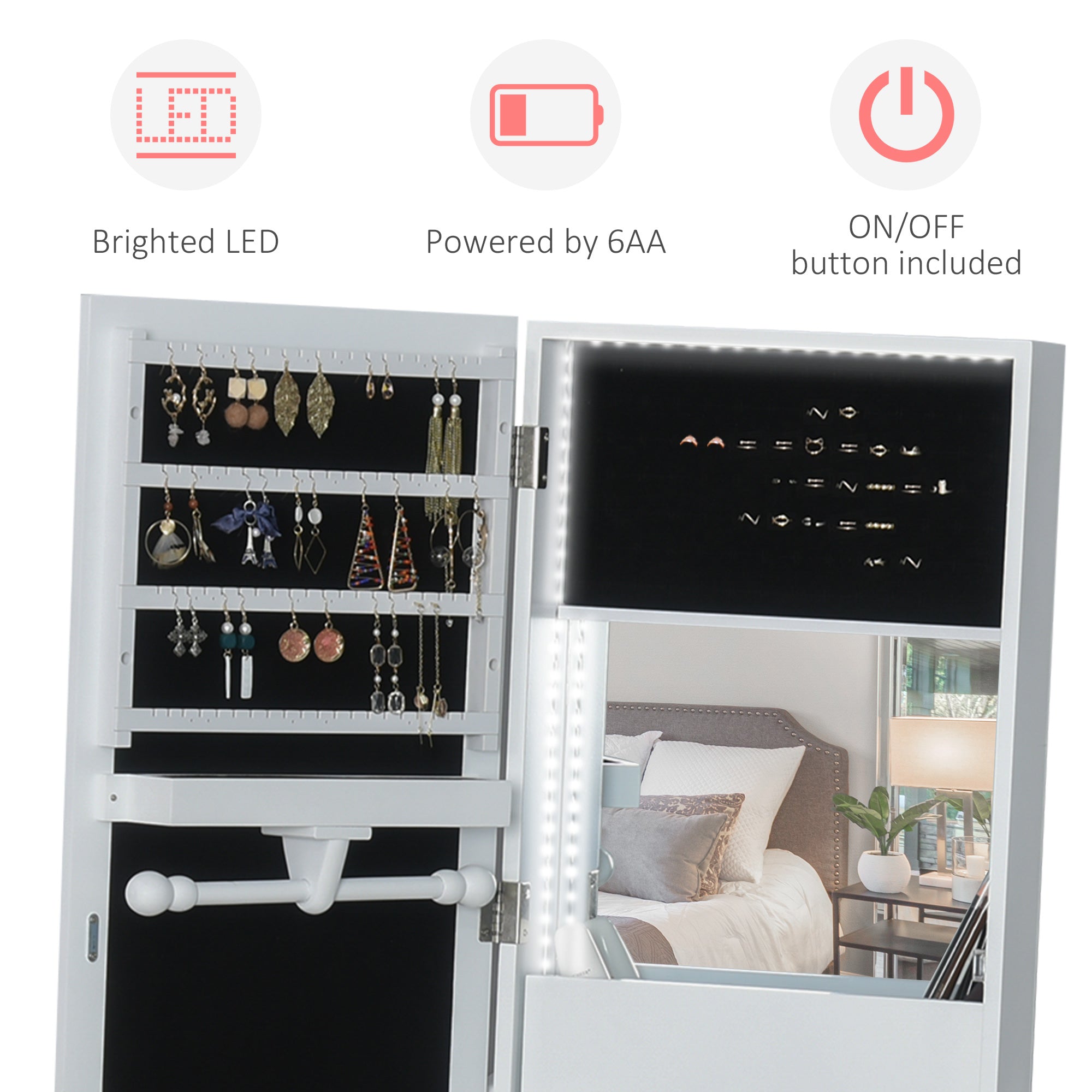 Jewellery Cabinet with Full-Length Mirror, Standing Jewelry Armoire with LED Light, Hooks, Slots, Shelves, Drawers, Folding Panel, Pencil Holders, Mirror with Storage, White