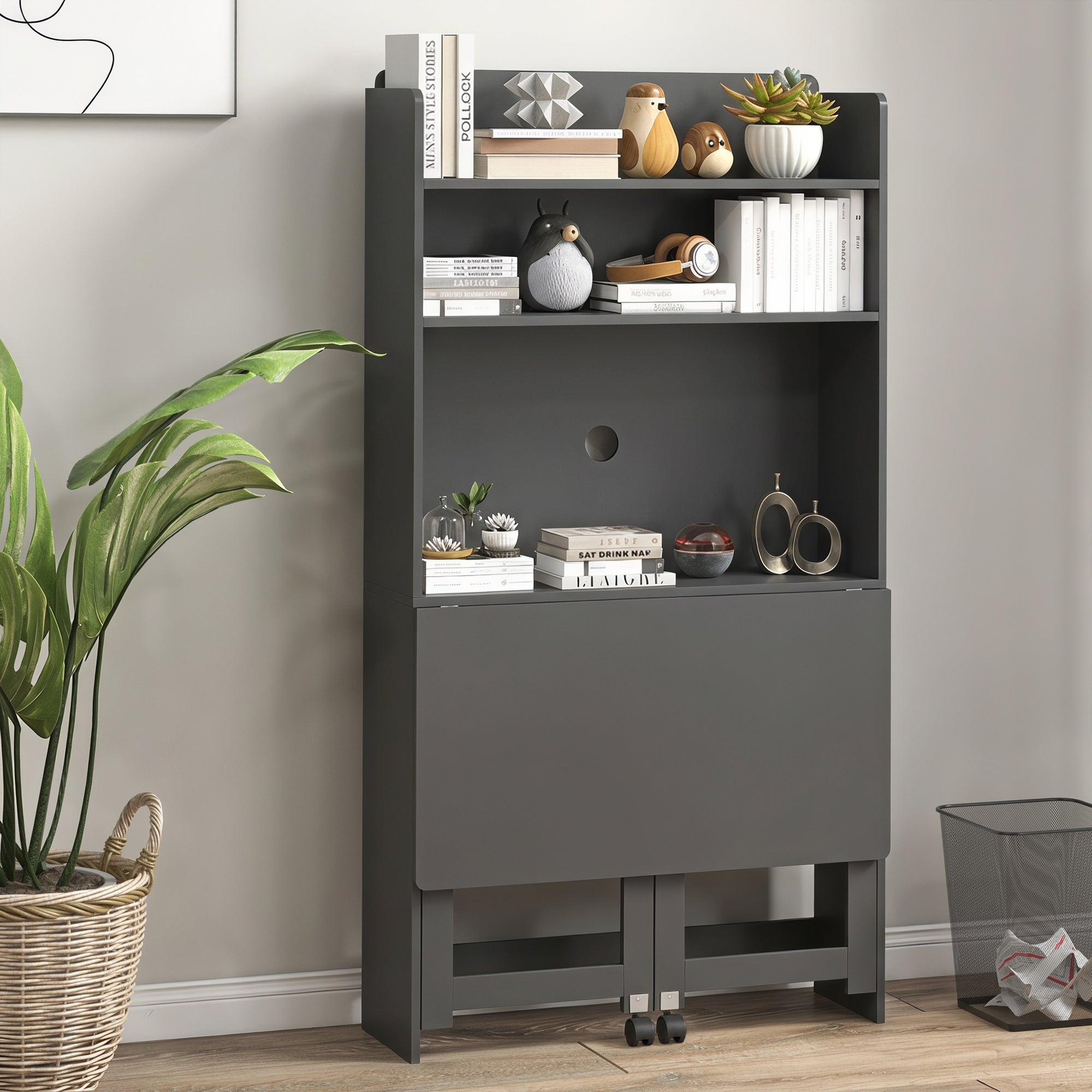 Computer Desk with Storage Shelves, Foldable Desktop with 2 Wheels, Study Table Workstation for Bedroom, Living Room and Home Office, 80 x 69 x 155 cm, Black