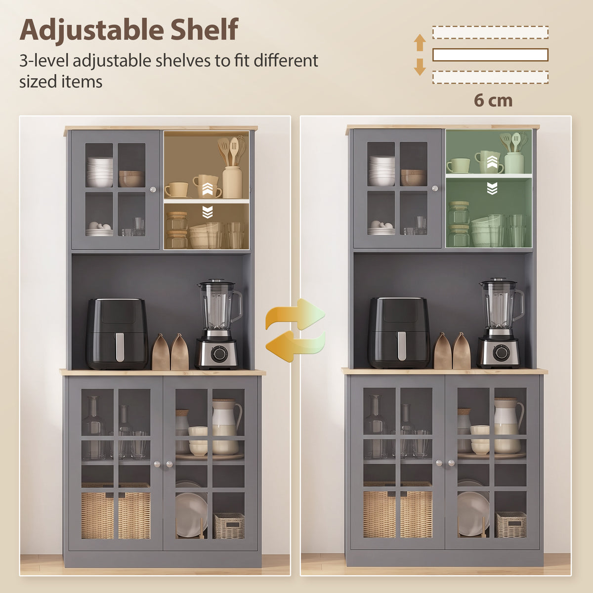 Kitchen Pantry, Buffet Hutch with 3 Storage Cabinets, 2 Open Shelves and Large Countertop for Kitchen, Living Room and Entryway, Grey