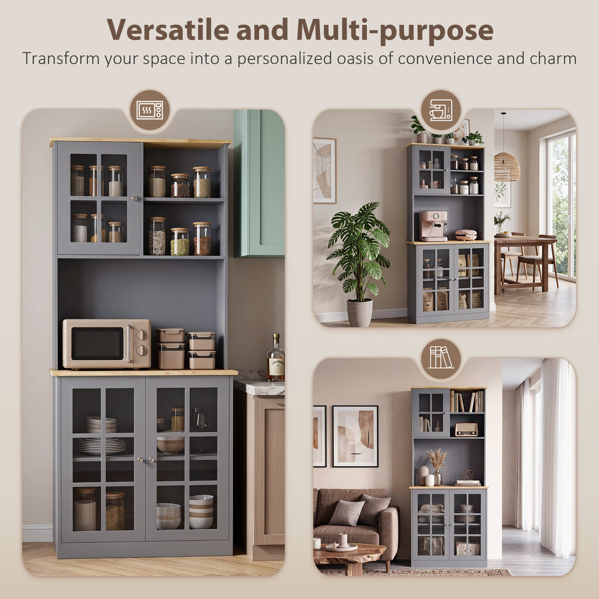 Kitchen Pantry, Buffet Hutch with 3 Storage Cabinets, 2 Open Shelves and Large Countertop for Kitchen, Living Room and Entryway, Grey