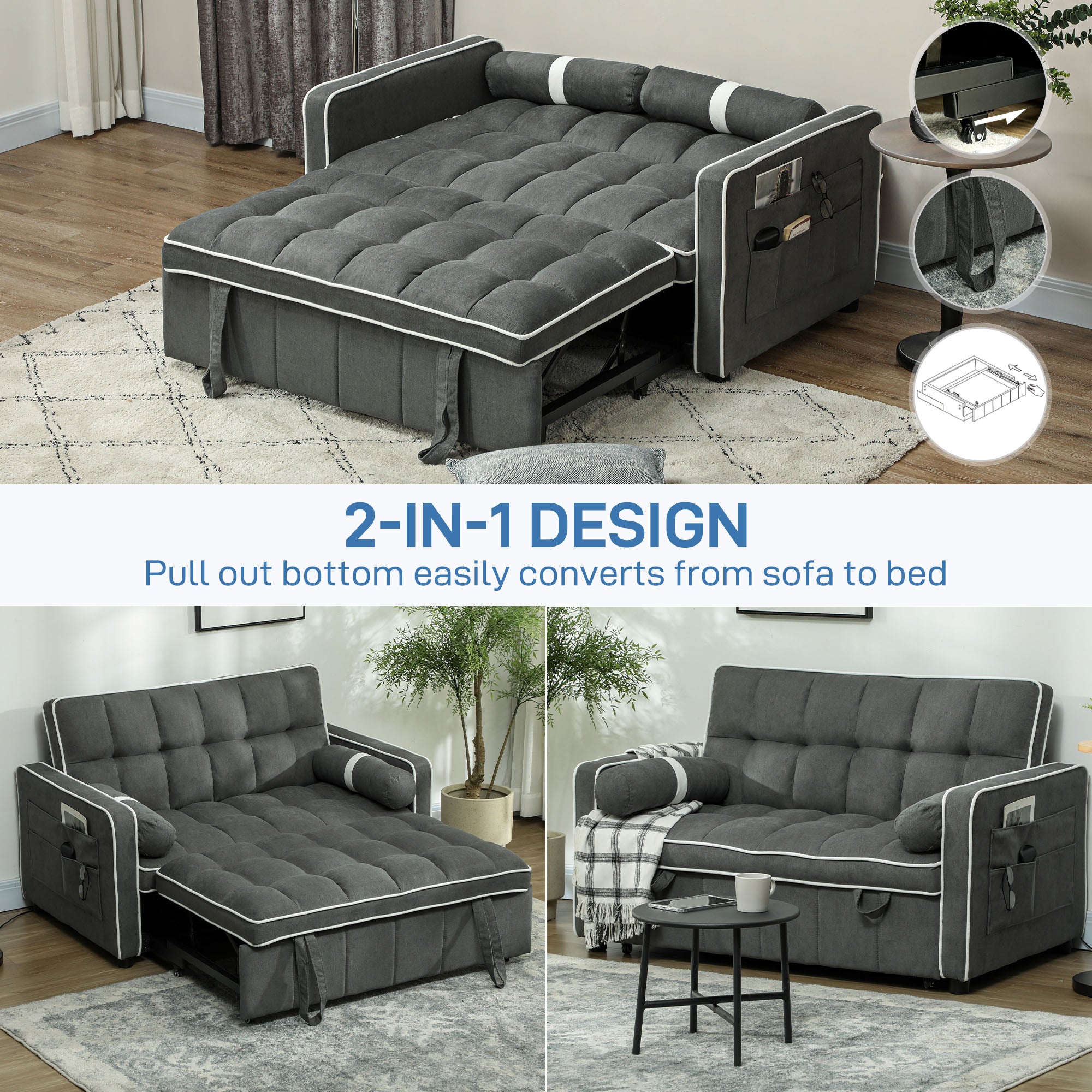 HOMCOM 3-In-1 Convertible 2 Seater Sofa Bed, Click Clack Pull Out Sofa Bed with Adjustable Backrest and Pillows, Modern Tufted Bed Settee for Living Room, Bedroom, Guest Room, Charcoal Grey