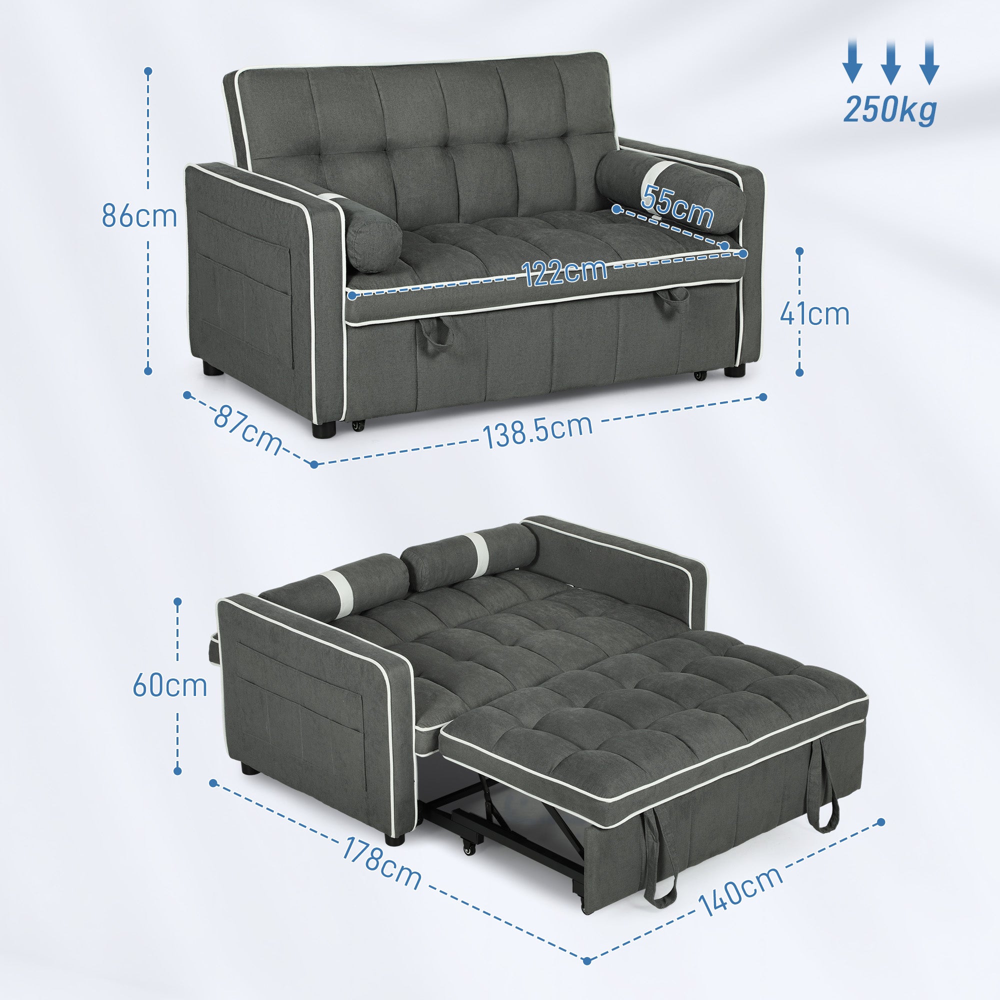 HOMCOM 3-In-1 Convertible 2 Seater Sofa Bed, Click Clack Pull Out Sofa Bed with Adjustable Backrest and Pillows, Modern Tufted Bed Settee for Living Room, Bedroom, Guest Room, Charcoal Grey