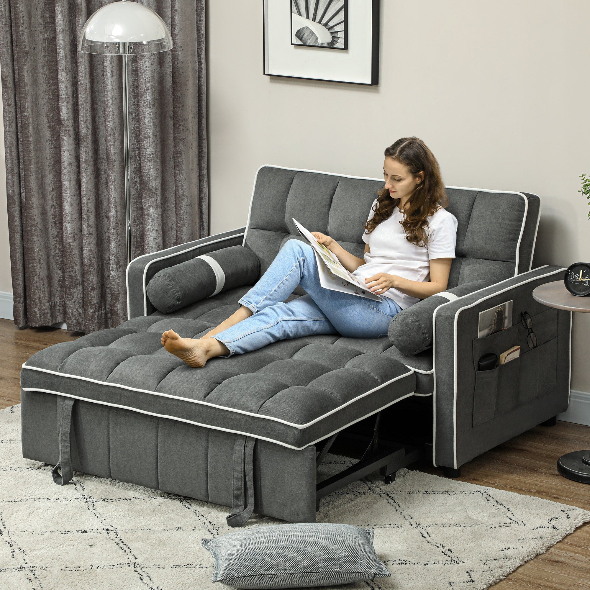 HOMCOM 3-In-1 Convertible 2 Seater Sofa Bed, Click Clack Pull Out Sofa Bed with Adjustable Backrest and Pillows, Modern Tufted Bed Settee for Living Room, Bedroom, Guest Room, Charcoal Grey