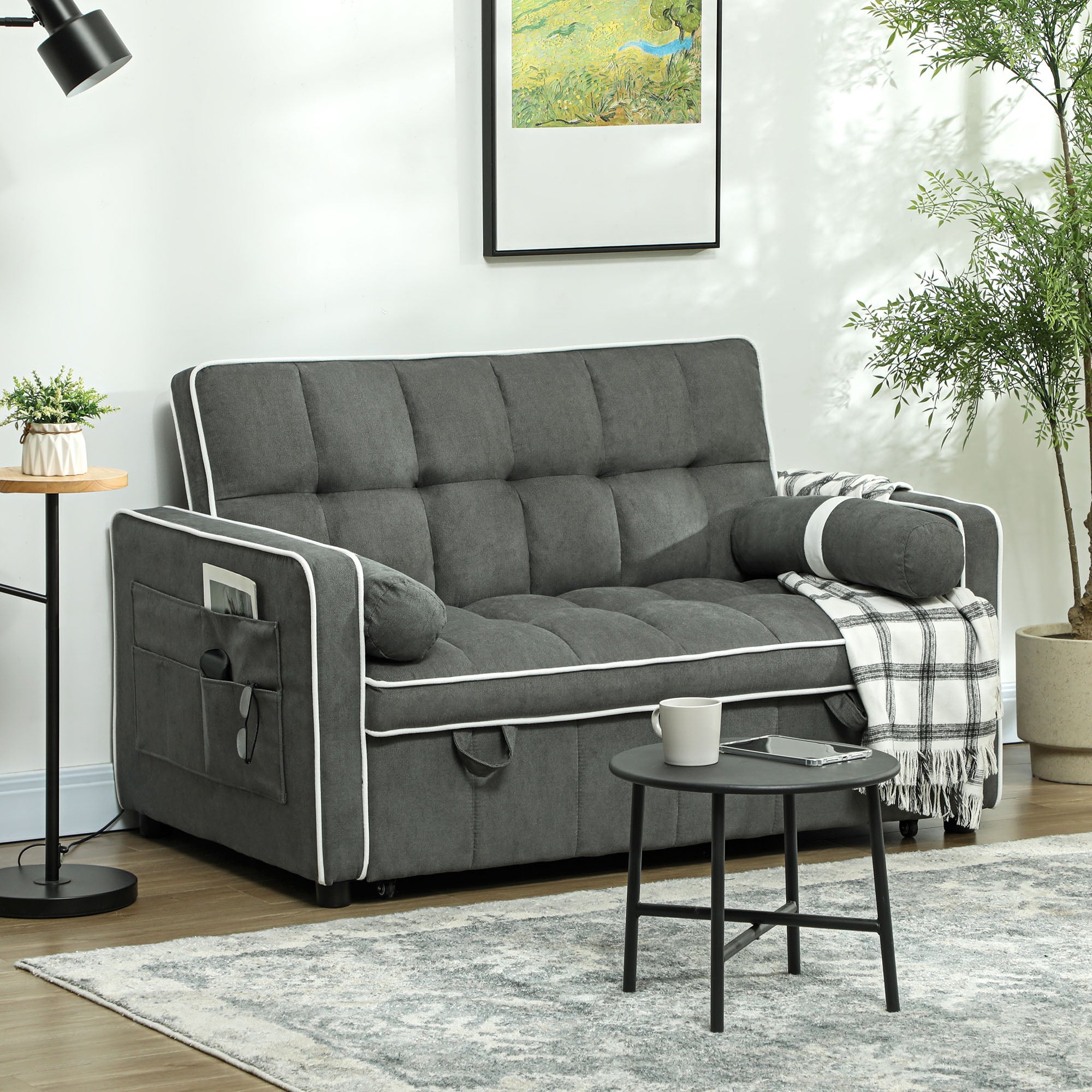 HOMCOM 3-In-1 Convertible 2 Seater Sofa Bed, Click Clack Pull Out Sofa Bed with Adjustable Backrest and Pillows, Modern Tufted Bed Settee for Living Room, Bedroom, Guest Room, Charcoal Grey