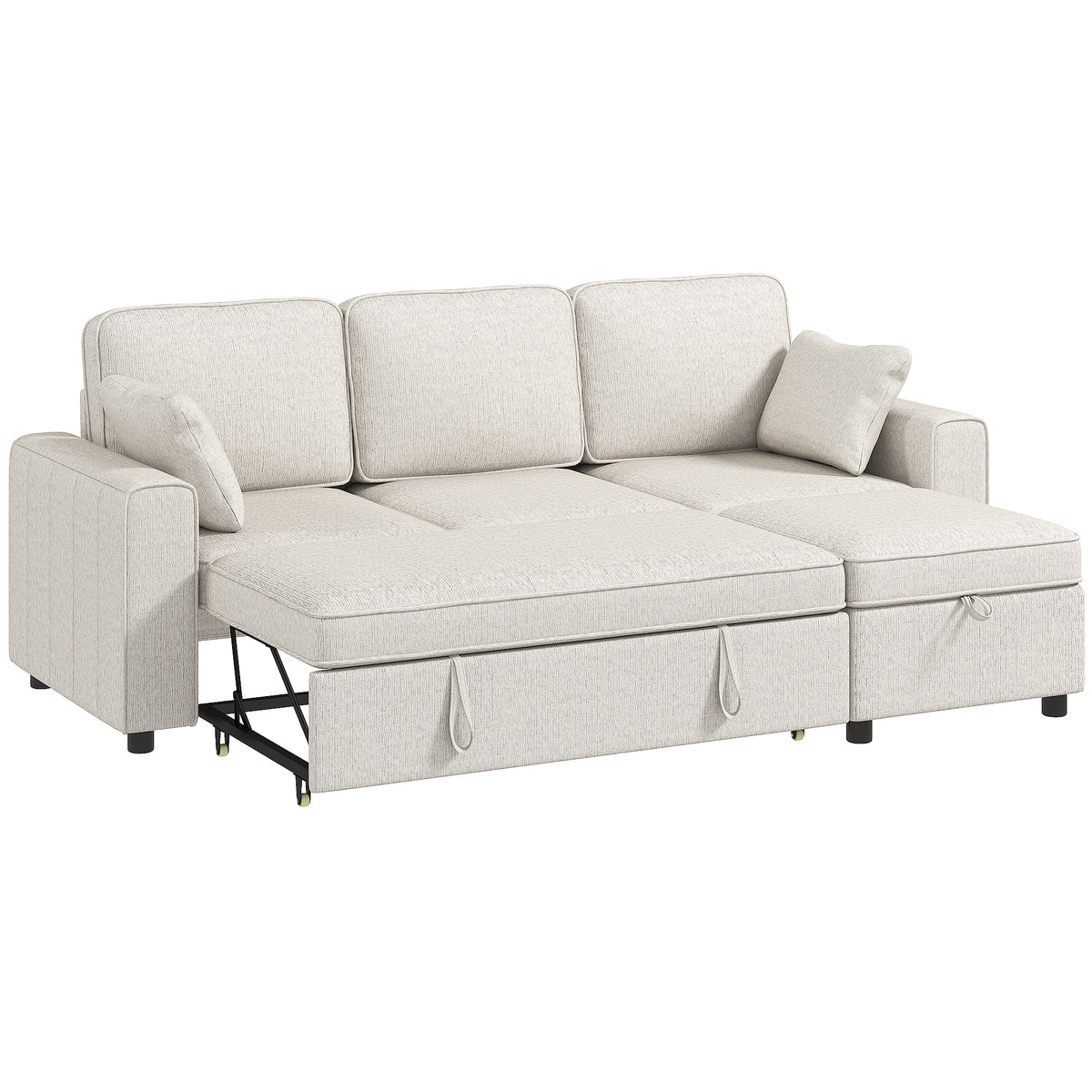 Modular Sectional Sofa Bed with Reversible Storage Ottoman, Chenille Pull Out Sleeper Sofa with Spring Cushion, Wide and Deep Seat, 3 Seater Couch for Living Room, Beige