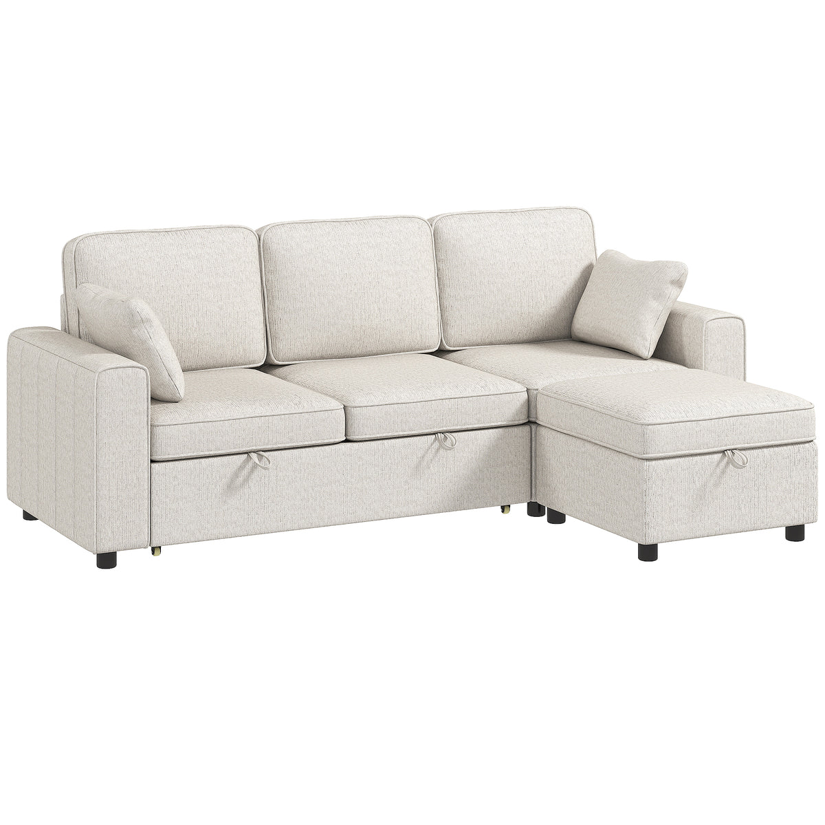 Modular Sectional Sofa Bed with Reversible Storage Ottoman, Chenille Pull Out Sleeper Sofa with Spring Cushion, Wide and Deep Seat, 3 Seater Couch for Living Room, Beige