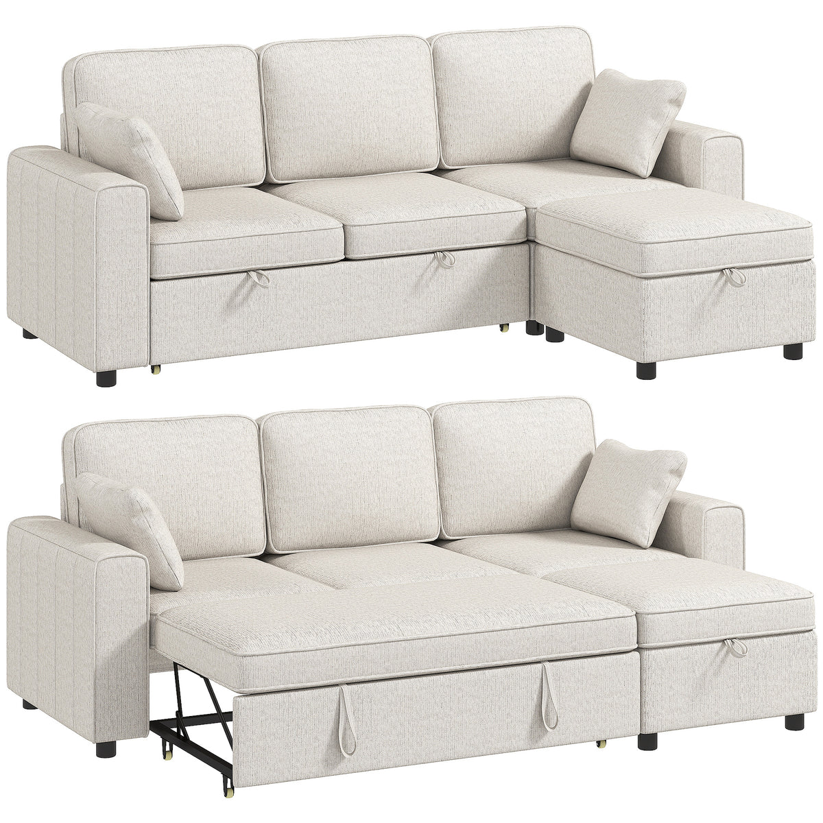 Modular Sectional Sofa Bed with Reversible Storage Ottoman, Chenille Pull Out Sleeper Sofa with Spring Cushion, Wide and Deep Seat, 3 Seater Couch for Living Room, Beige