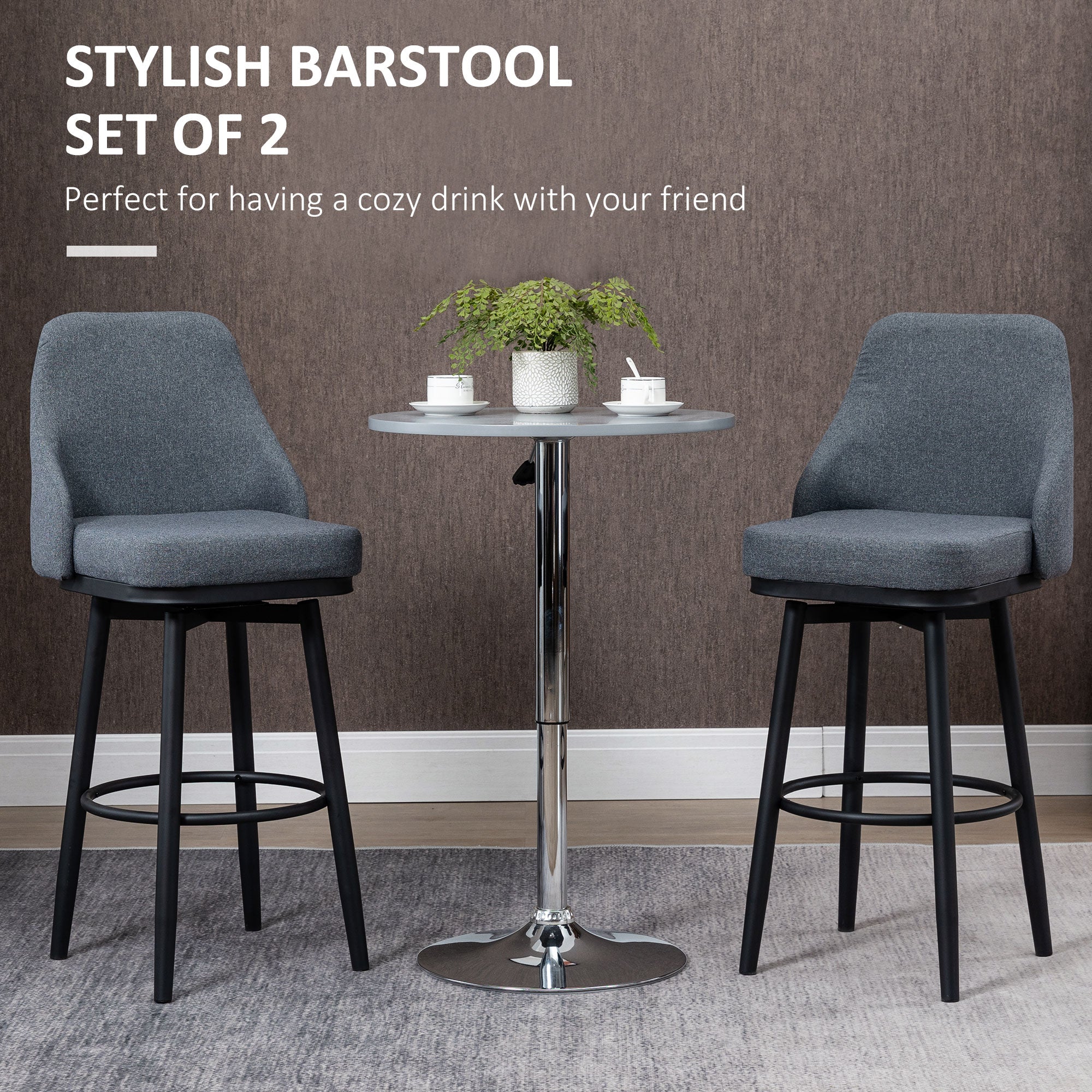 HOMCOM Bar Height Bar Stools Set of 2, 360° Swivel Barstools, Upholstered Extra Tall Bar Chair with 30" Seat Height and Steel Legs, Charcoal Grey