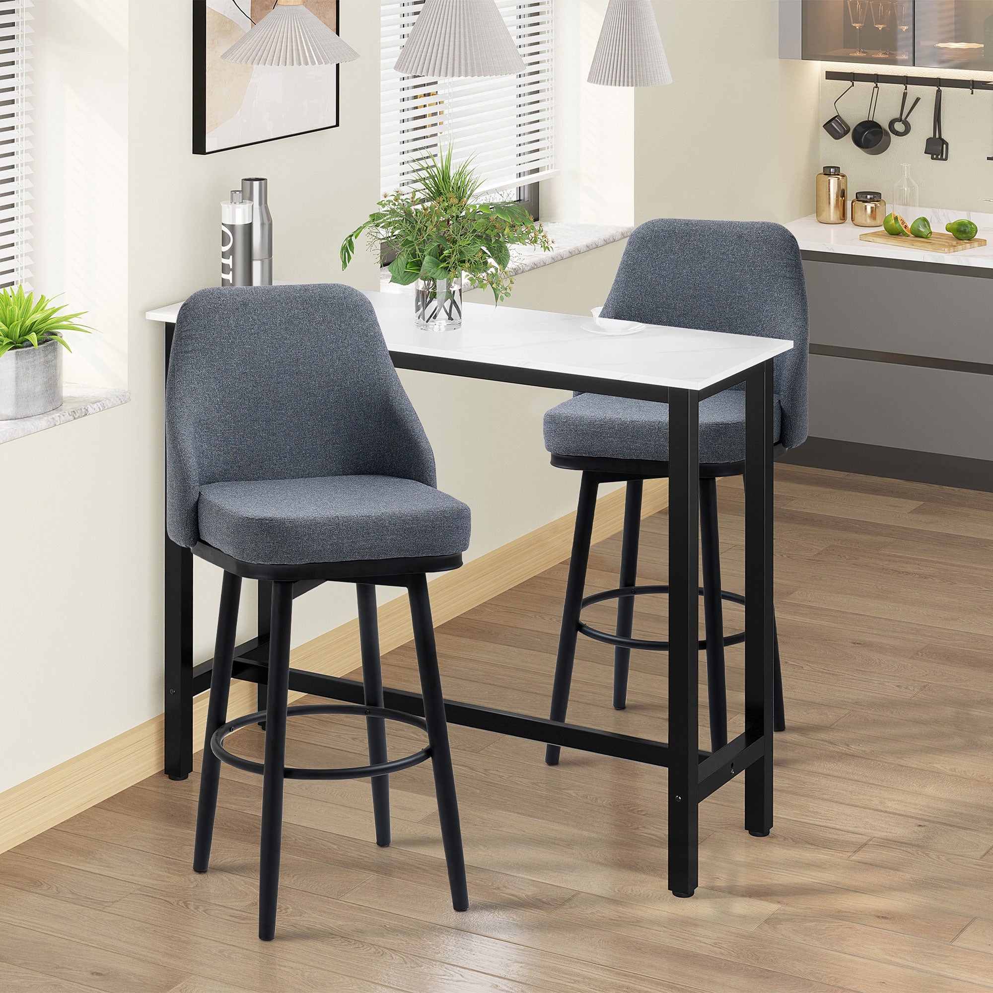 HOMCOM Bar Height Bar Stools Set of 2, 360° Swivel Barstools, Upholstered Extra Tall Bar Chair with 30" Seat Height and Steel Legs, Charcoal Grey