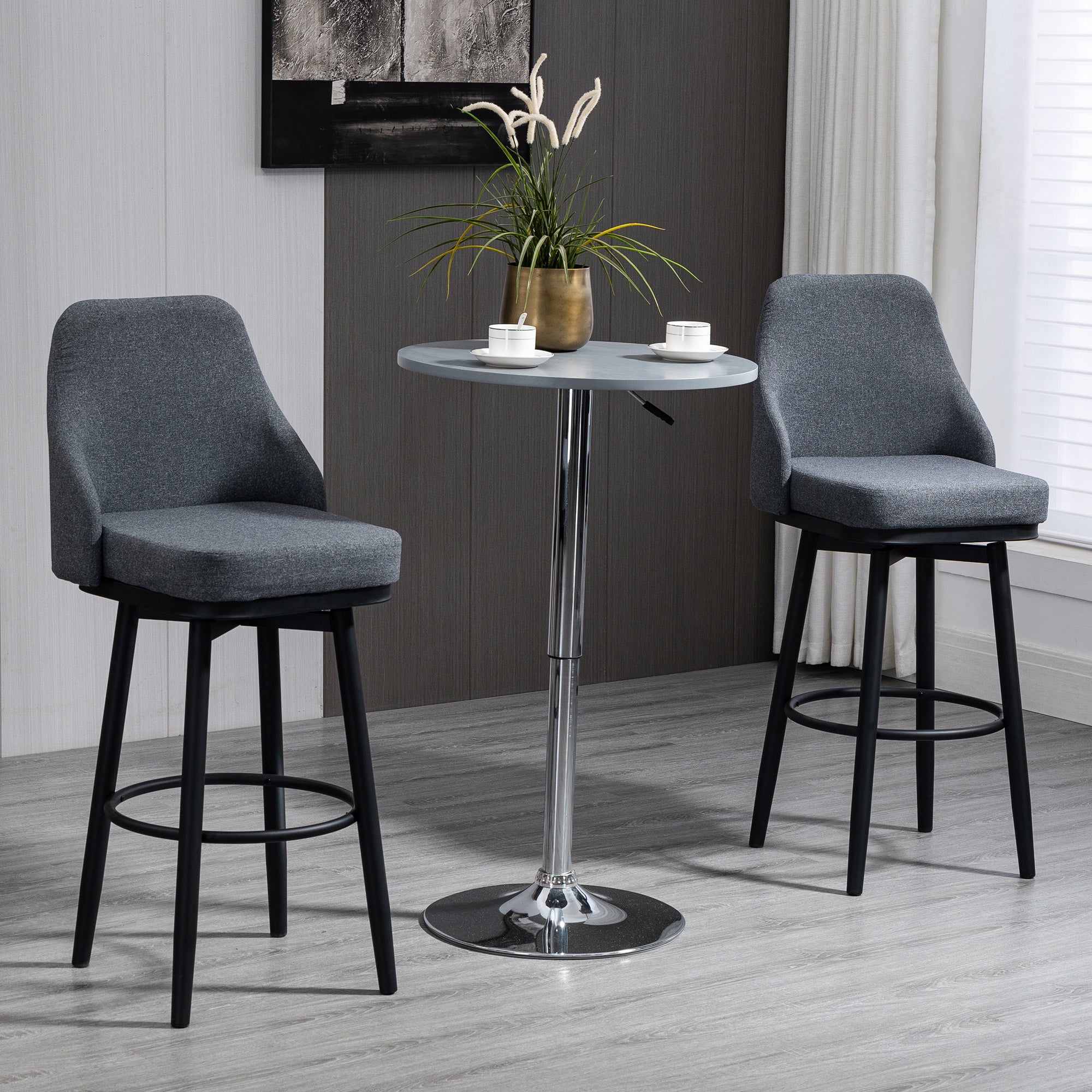 HOMCOM Bar Height Bar Stools Set of 2, 360° Swivel Barstools, Upholstered Extra Tall Bar Chair with 30" Seat Height and Steel Legs, Charcoal Grey