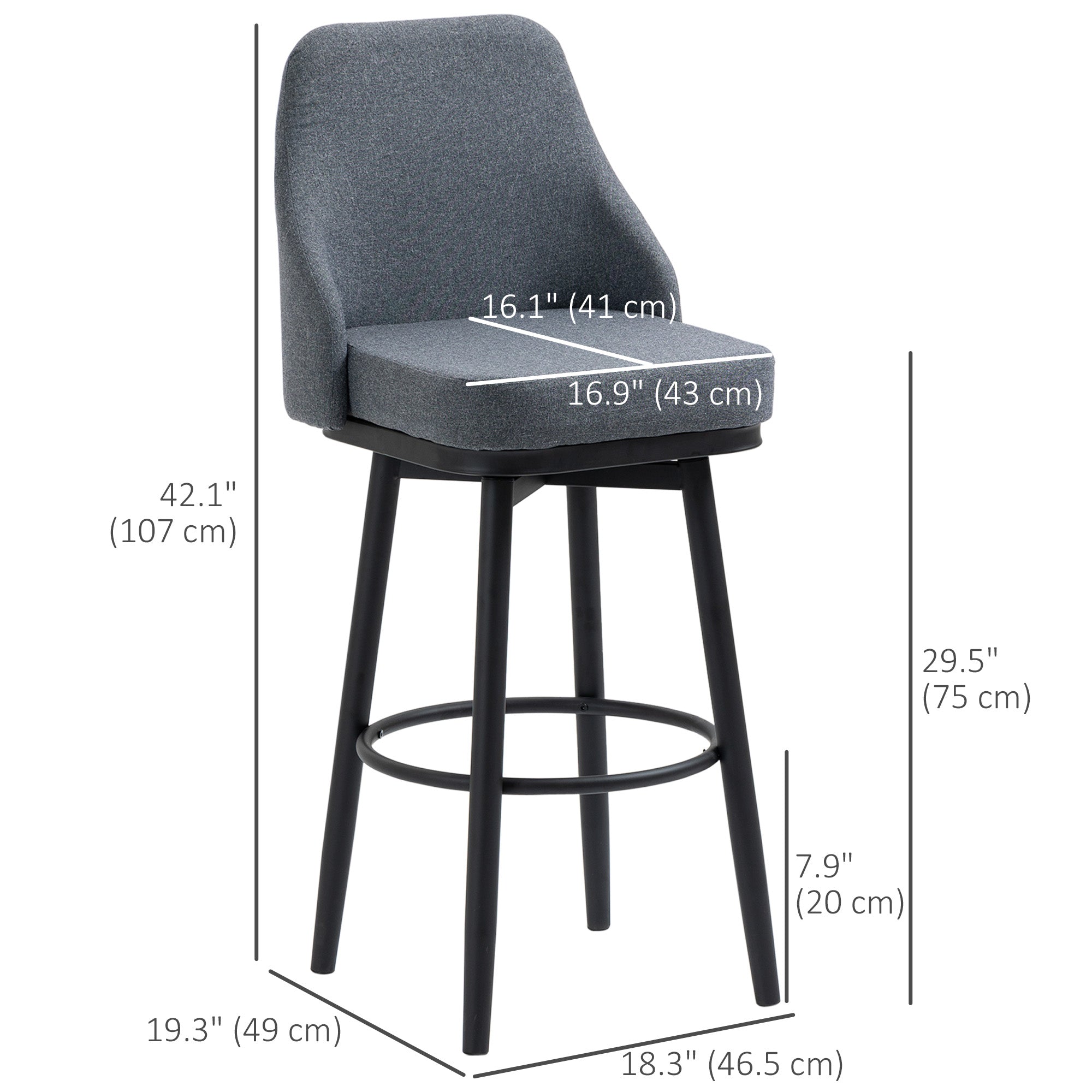 HOMCOM Bar Height Bar Stools Set of 2, 360° Swivel Barstools, Upholstered Extra Tall Bar Chair with 30" Seat Height and Steel Legs, Charcoal Grey