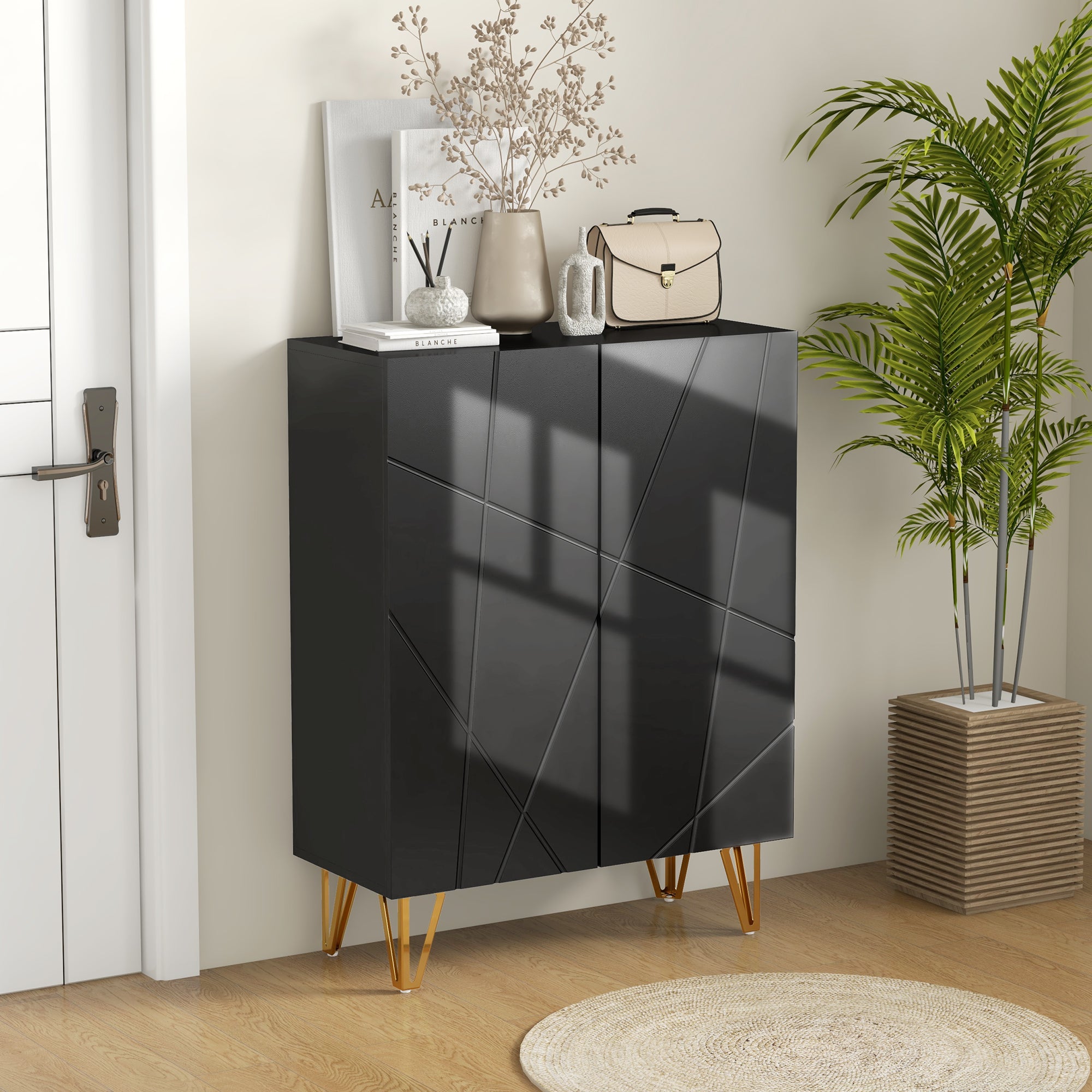 HOMCOM Narrow Shoe Cabinet with High Gloss, Slim Shoe Storage Cabinet with Soft-Close Hinges and Adjustable Shelves for 15-20 Pairs of Shoes, Black