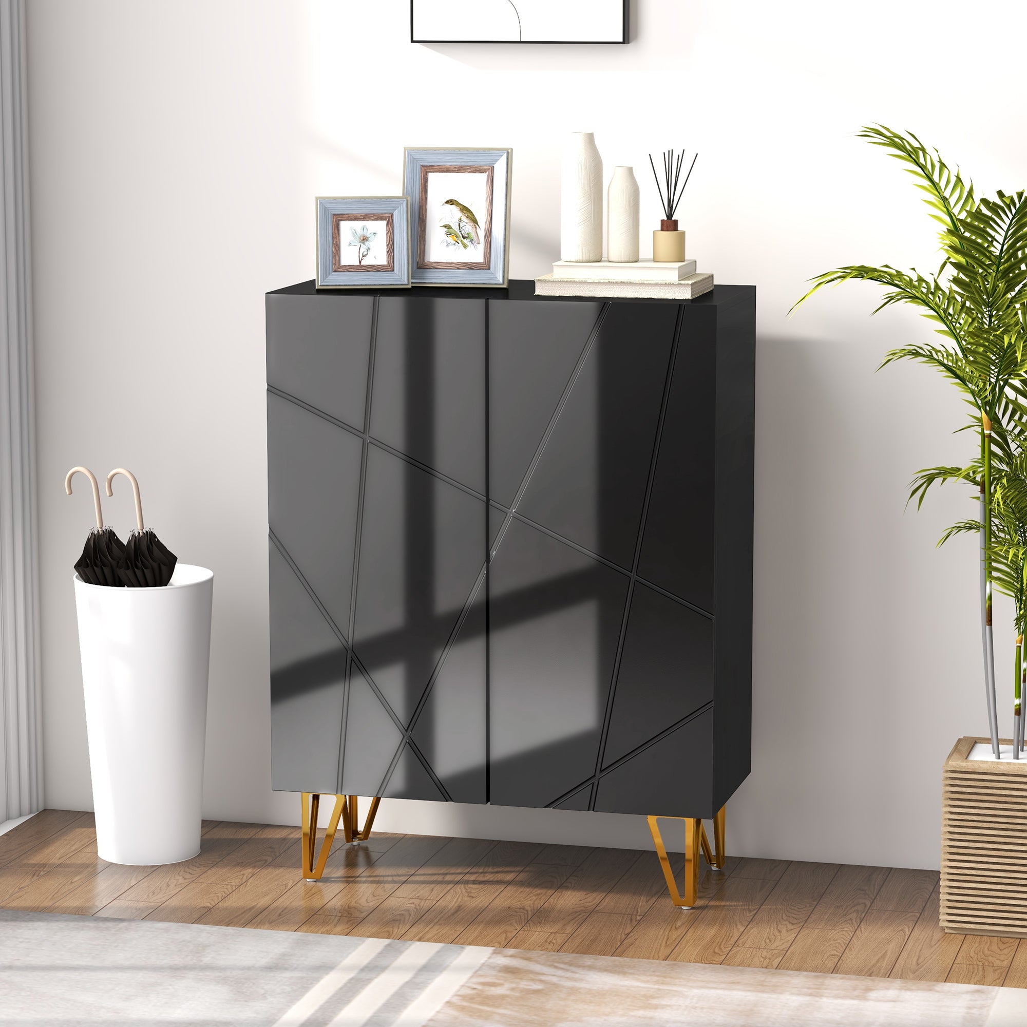 HOMCOM Narrow Shoe Cabinet with High Gloss, Slim Shoe Storage Cabinet with Soft-Close Hinges and Adjustable Shelves for 15-20 Pairs of Shoes, Black