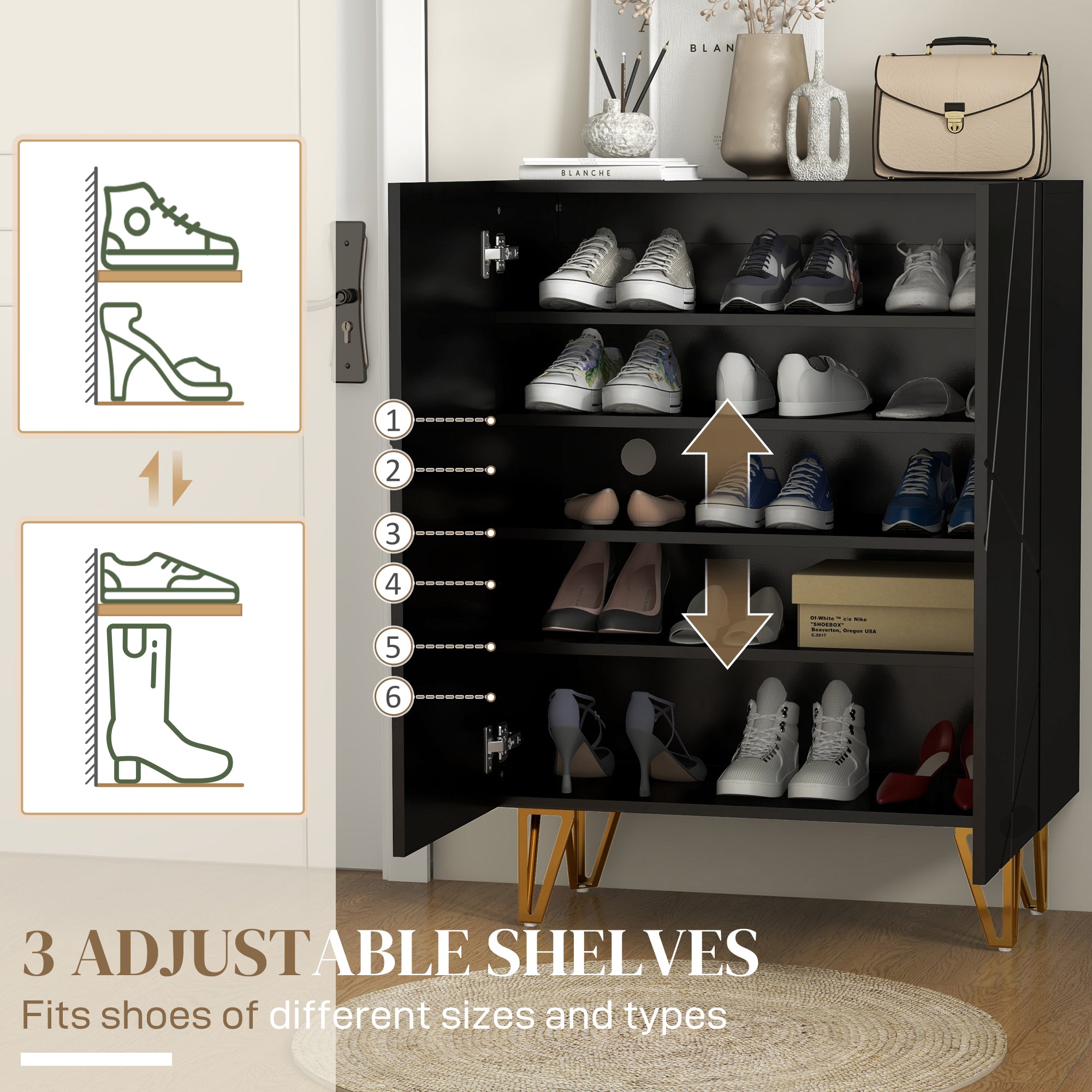 HOMCOM Narrow Shoe Cabinet with High Gloss, Slim Shoe Storage Cabinet with Soft-Close Hinges and Adjustable Shelves for 15-20 Pairs of Shoes, Black