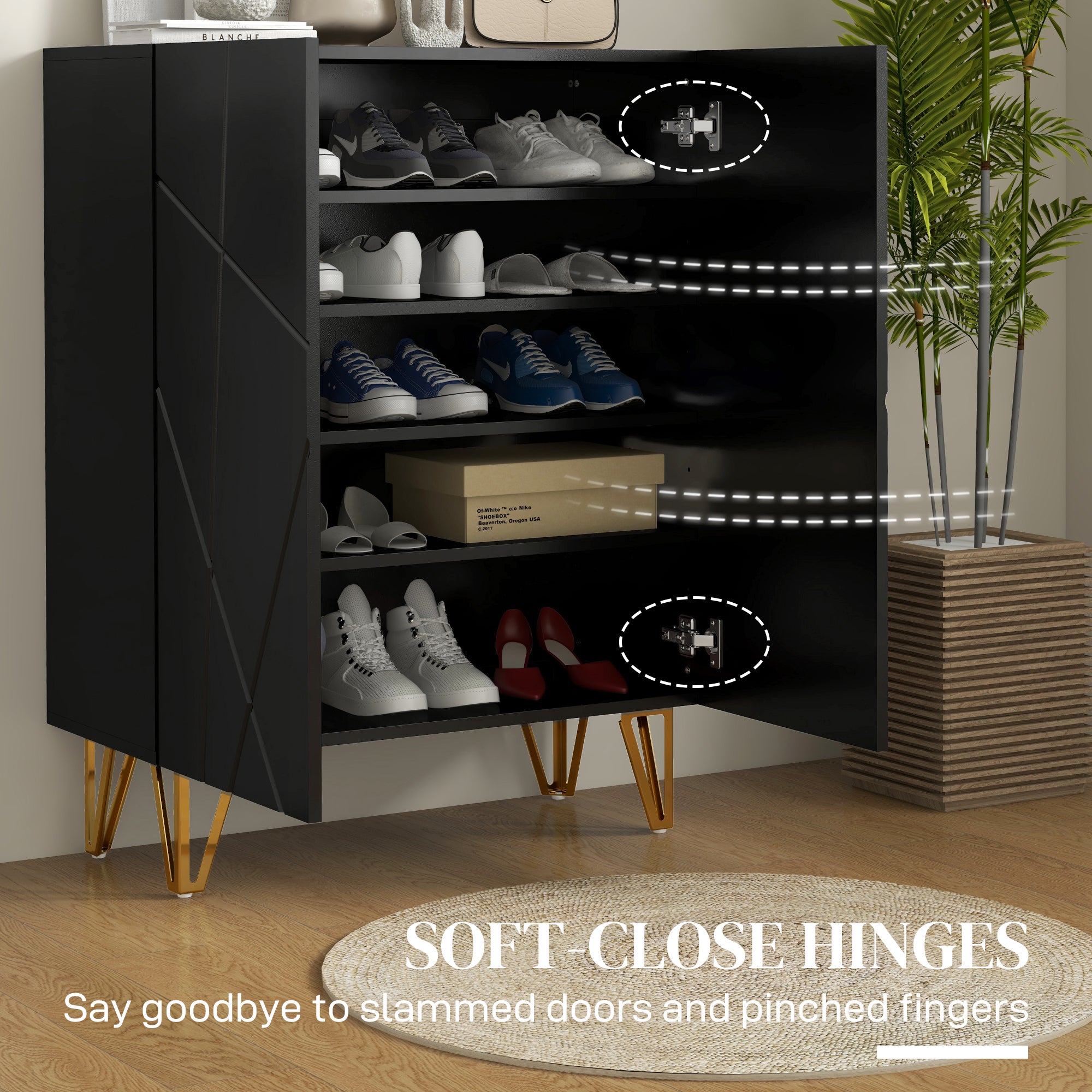 HOMCOM Narrow Shoe Cabinet with High Gloss, Slim Shoe Storage Cabinet with Soft-Close Hinges and Adjustable Shelves for 15-20 Pairs of Shoes, Black