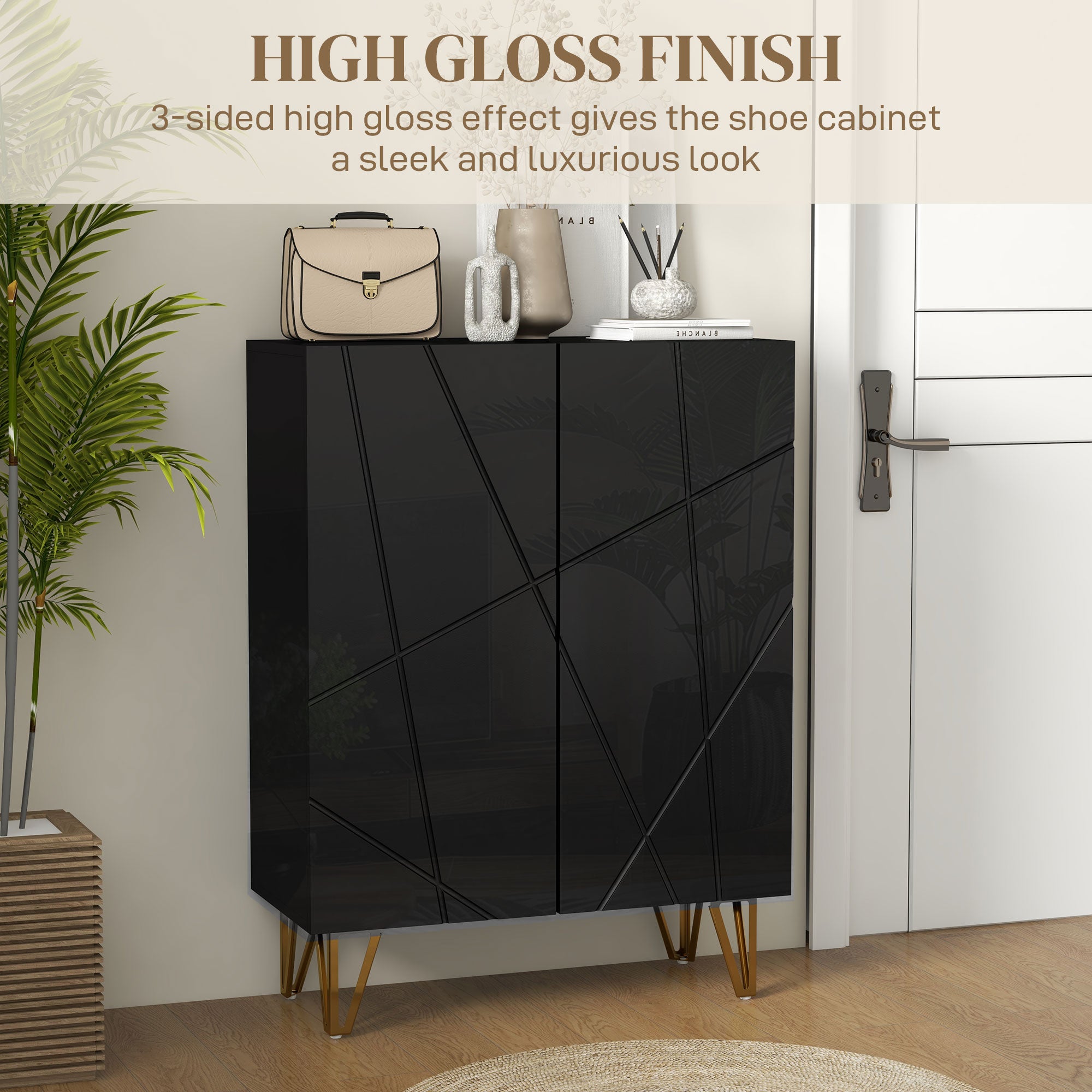 HOMCOM Narrow Shoe Cabinet with High Gloss, Slim Shoe Storage Cabinet with Soft-Close Hinges and Adjustable Shelves for 15-20 Pairs of Shoes, Black